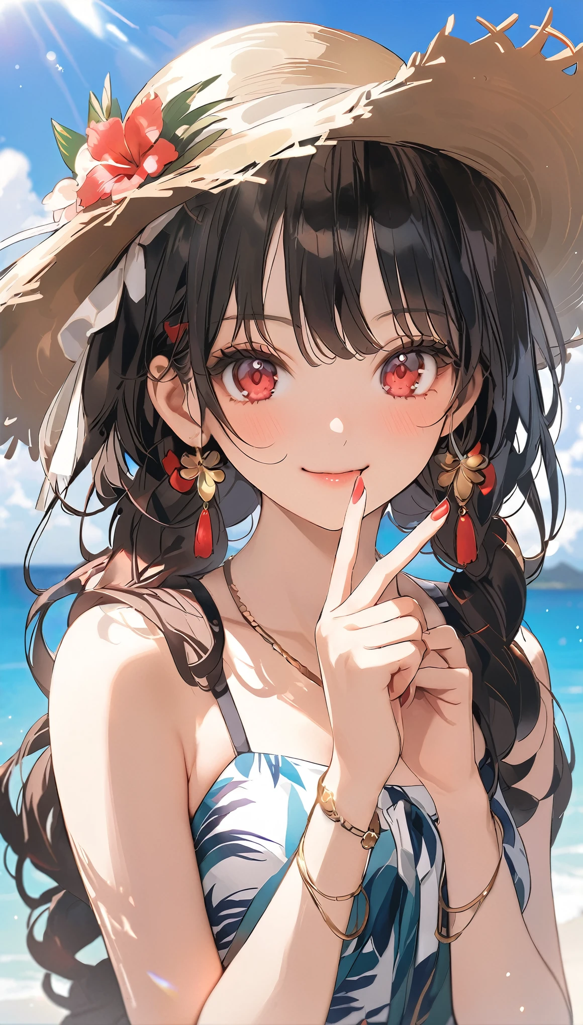 (masterpiece, highest_quality), very be familiar with cg unity 8k wallpaper, wonderful_Are you okay_figure, BREAK 1girl, long black hair wearing a straw hat, small breasts, (glamorous expression), red eyes, anime style 4k, beautiful anime portrait, anime moe art style, anime art wallpaper 4k, High quality anime art style, anime style portrait, be familiar with digital anime art, anime art wallpaper 8k, cute anime girl portrait, Hawaii background, blue sea, palm trees, sunlight, whole body, BREAK depth of field, perfect hands, nice fingers, 5_finger, 4_finger,1_thumb,