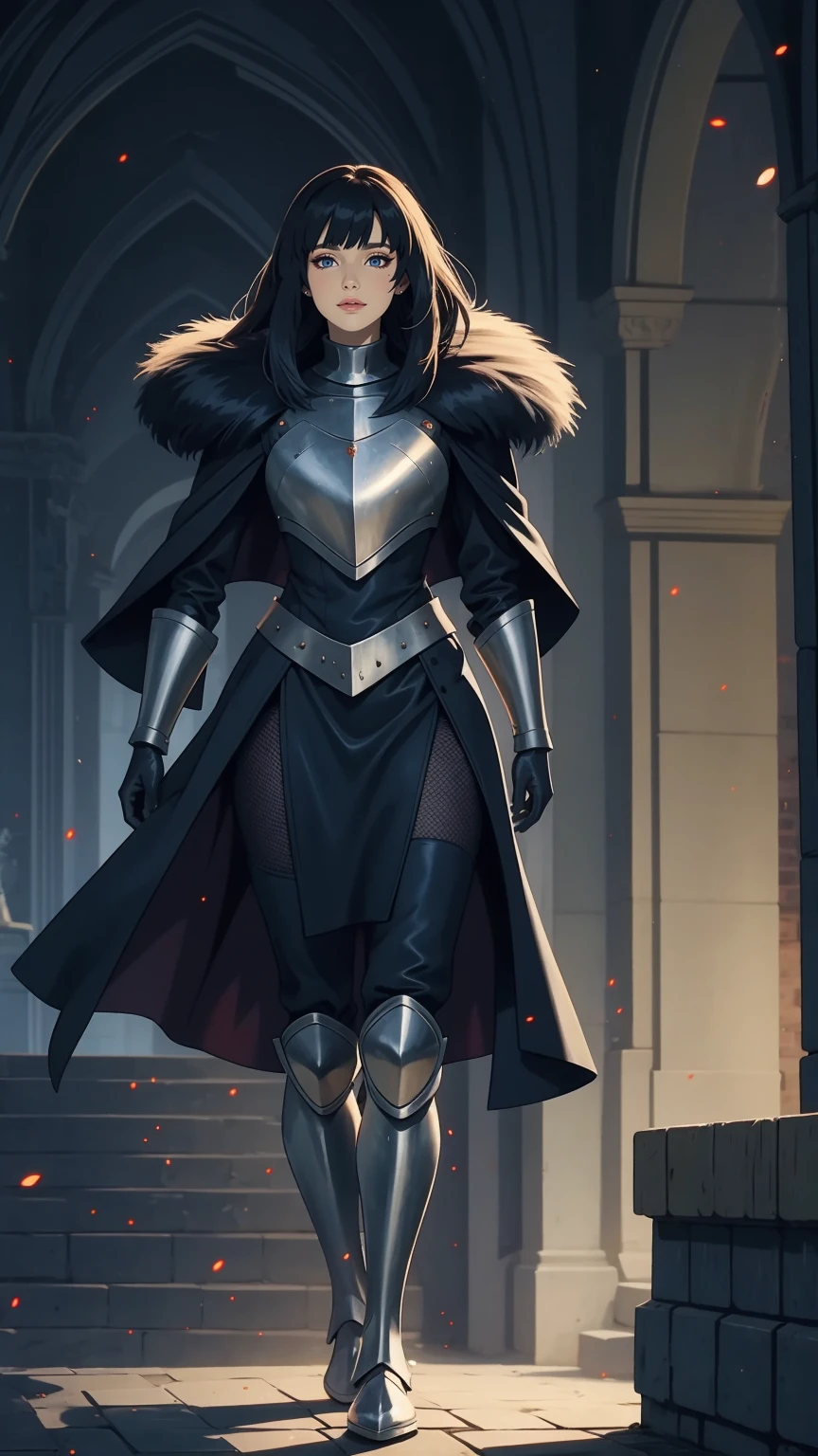 A woman in a plate armor, hair lifted by the wind, straight hair, asymmetrical bangs, fur cape, full body, (medieval theme:1.2), deep grey tones, particles of light:1.2, soft lighting, (masterpiece, best quality:1.2)
