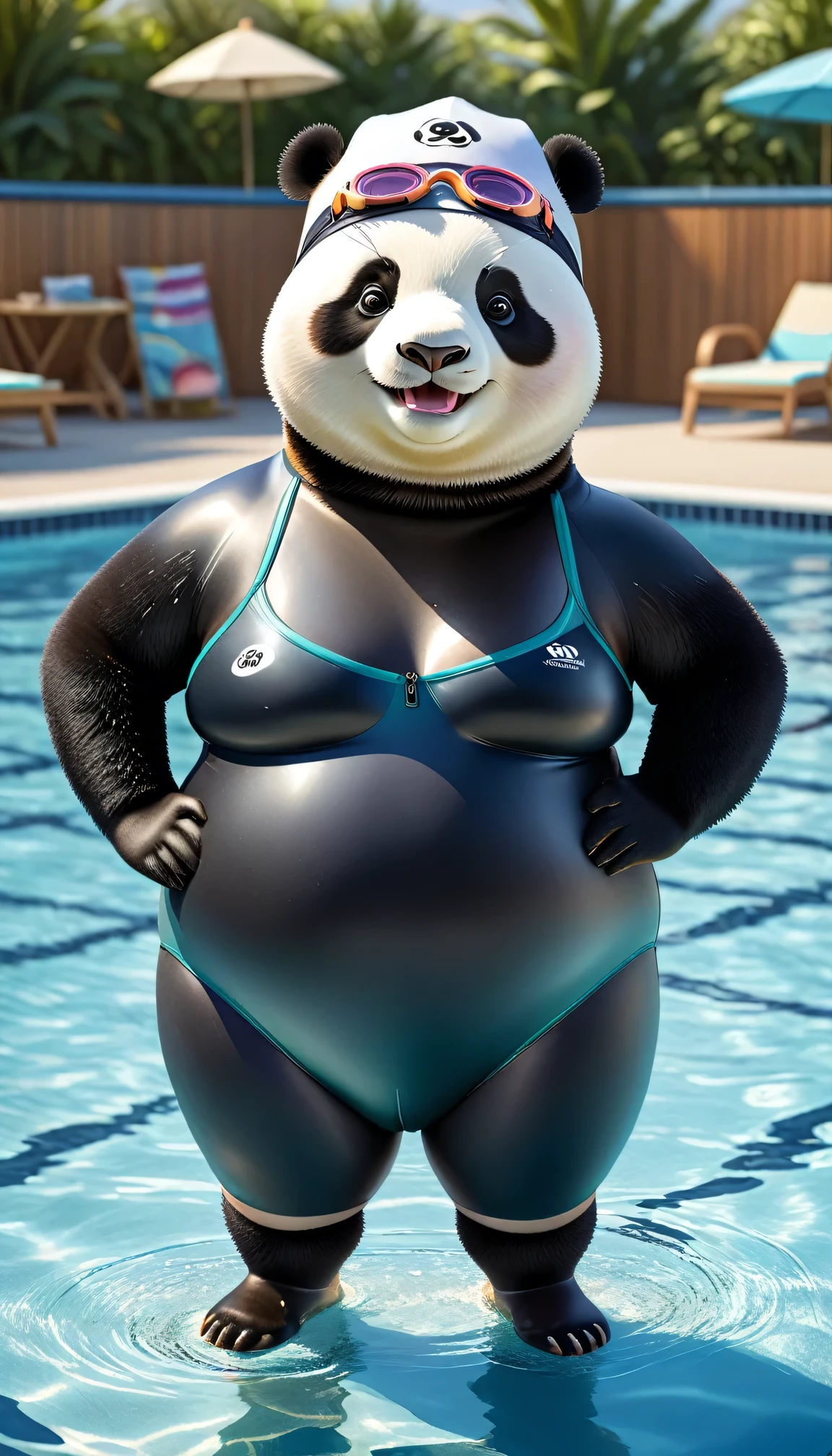 photorealistic portrait of Dressed animals - a (fat) panda swimmer,(hands on hips:1.5),(happy smile),(furry), high quality,(lovely) ,intricate details, highly detailed (Competitive black swimsuit), swimming cap and goggles, pool background, (happy), perfect lighting,(full body image:2.0)