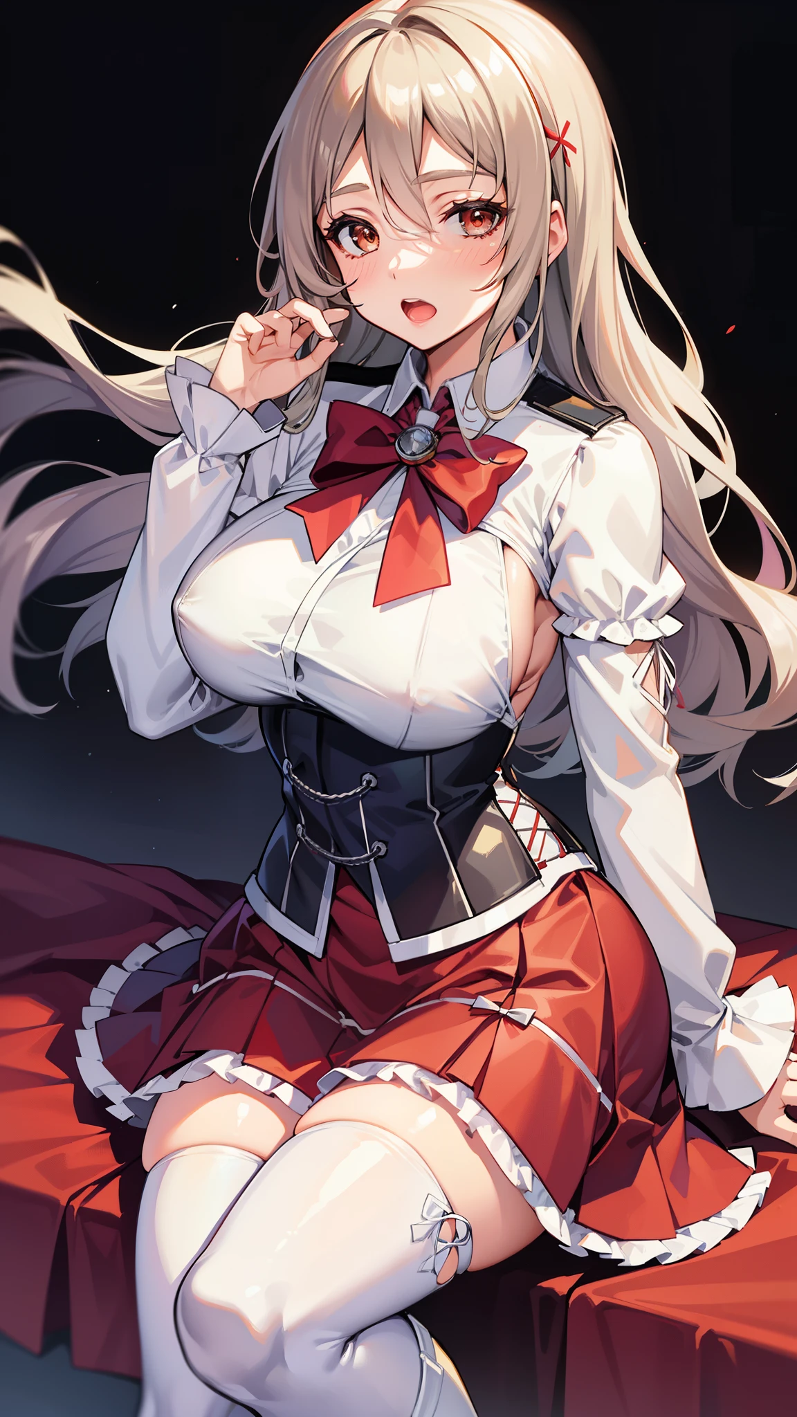 Open your mouth, Mature Woman,Shiny body, Shiny skin, ,Big Breasts ,Shiny skin,BTPT-FC,Wide Hips,, (Long sleeve) shirt, (white) shirt, (white) corset, Frills, Bodice, (red) bow tie, (red) miniskirt, (white) Thighhigh, Knee-high boots,