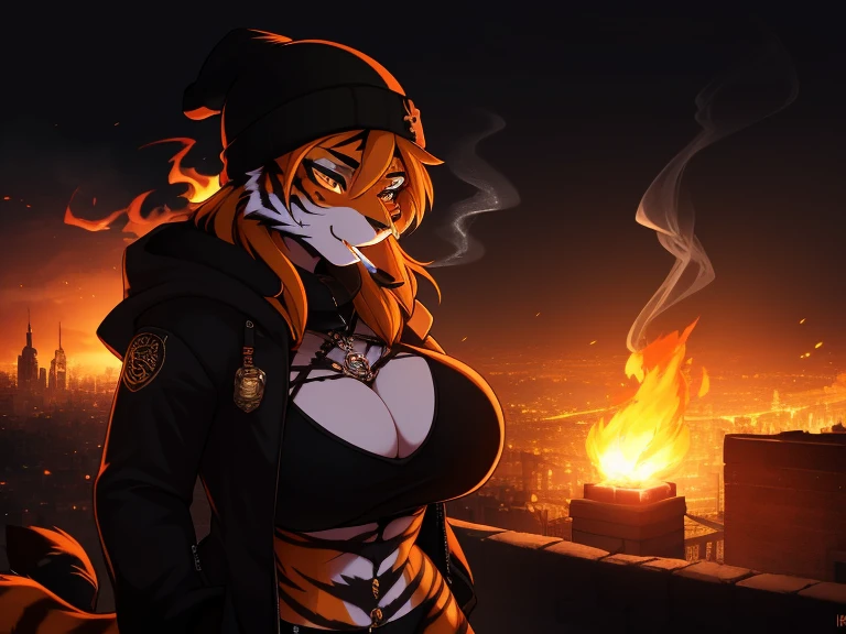 smoking weed with a beanie and goth clothes big breasts, tiger, anthro, female, fur coat, (best quality), (detailed fire urban background:1.2), dramatic lighting, (detailed fluffy fur:1.1), (fantasy:1.2)
