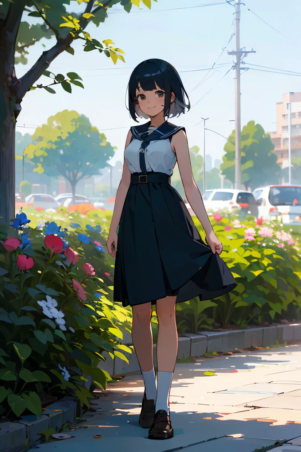 (high quality, High resolution, Very detailed, reality:1.37), Peaceful atmosphere, (Outdoor, garden),  girl standing alone, (my breasts are big.), Beautiful details, Cute Smile, (Black bob hair), Blue sleeveless dress, White socks, loafers.