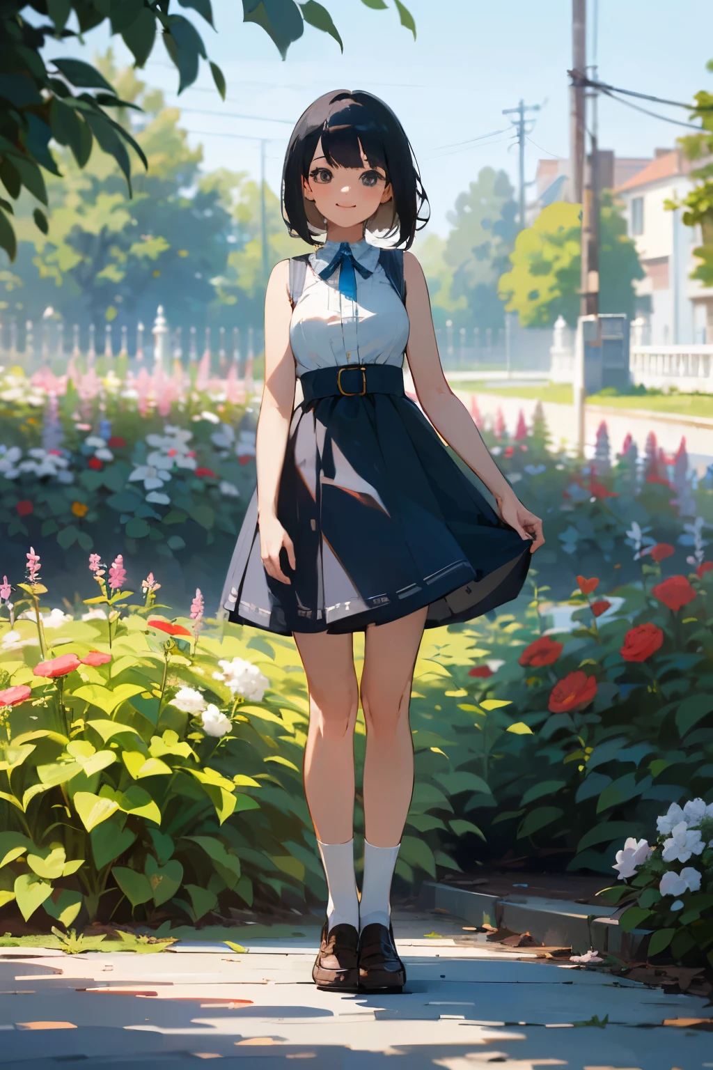 (high quality, High resolution, Very detailed, reality:1.37), Peaceful atmosphere, (Outdoor, garden), age girl standing alone, (my breasts are big.), Beautiful details, Cute Smile, (Black bob hair), Blue sleeveless dress, White socks, loafers.