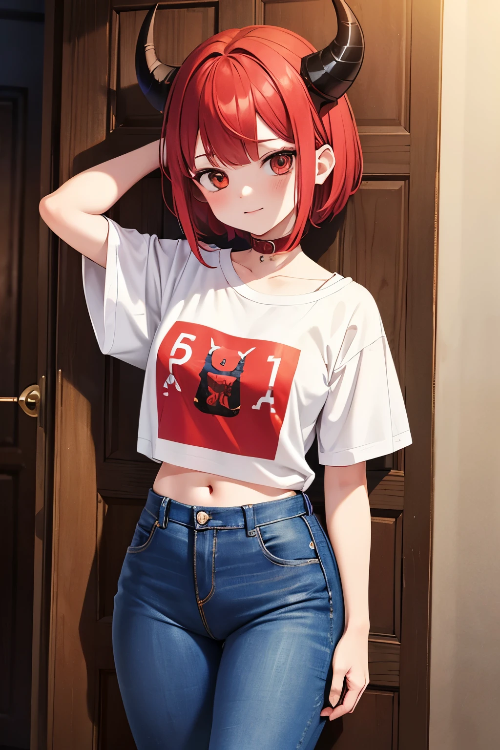 red hair,red This character is a teenage girl with horns that are 13.2 centimeters high and 1.28 centimeters thick. The horns are located on the upper left side of her head, showing remnants of her previous life as a Hollow helmet. Ella tiene corto, rojo y Fuego carmesí Her hair is short and reaches her shoulders. She has small breasts, approximately 2 and 1.5 centimeters high and 1.10 centimeters thick. She is jeans and t-shirt (sudadera con capucha).eyes,bound and gagged