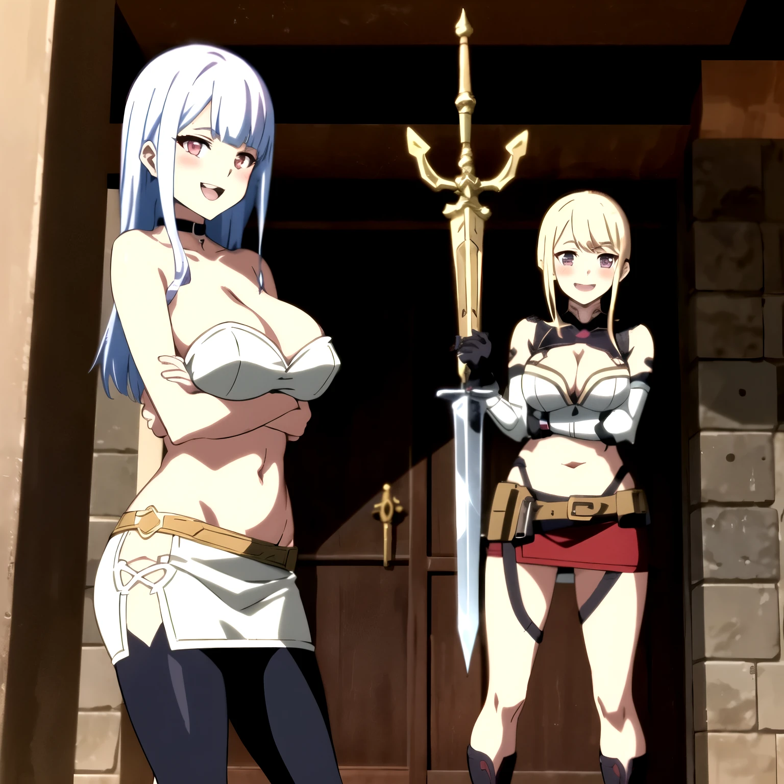 cyberpunk edgerunners, 2girl, two girl, blush, large breast, choker, long hair, masterpiece, best quality, highly detailed, fantasy , a anime girls in armored dress holding a sword posing for a picture, evil smile, smile, open mouth, breastplate with open cleavage, cleavage, warrior outfit, ecchi anime style, anime girls, ecchi style, ecchi, digital anime art!!, in anime style, official artwork, visual novel cg, beautiful anime girl, anime style 4 k , loincloth, exposed belly, exposed navel, exposed midriff, exposed lower belly, pencil skirt armored, castle,inside castle,