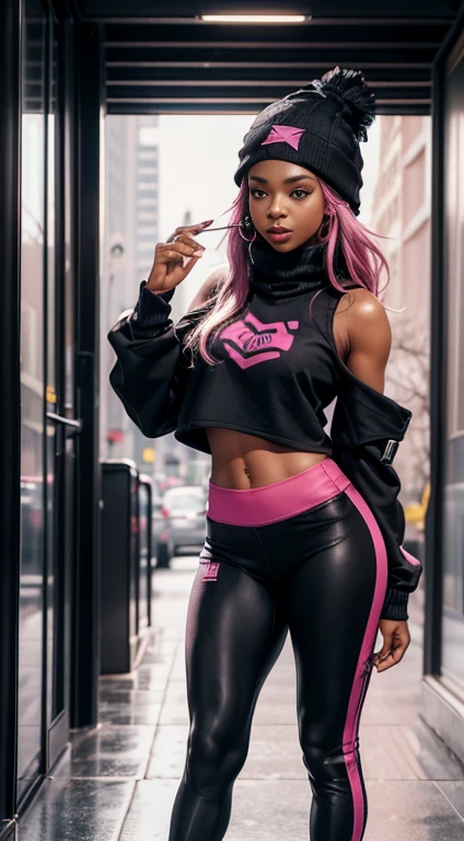 HUGE ASS, HUGE ASS, and thick legs thighs hips, HUGE ASS, with the worlds 🌎 largest buttocks, BIG HUGE BOOTY paired with thin tapered tiny waist, extremely attractive dark skin, photo, genetically modified to have the widest hips in the world with the smallest chest in the World 🌎, pink translucent short sports coat + with lots of translucent HUGE puffy sleeves + with long white plastic jeggings, location: (well-lit salon interior), She has highly sophisticated very (twenty foot) long teal mohawk fade, brightly lit face, no nsfw, happy expression, no nudity, brightly lit, stunning 8K.