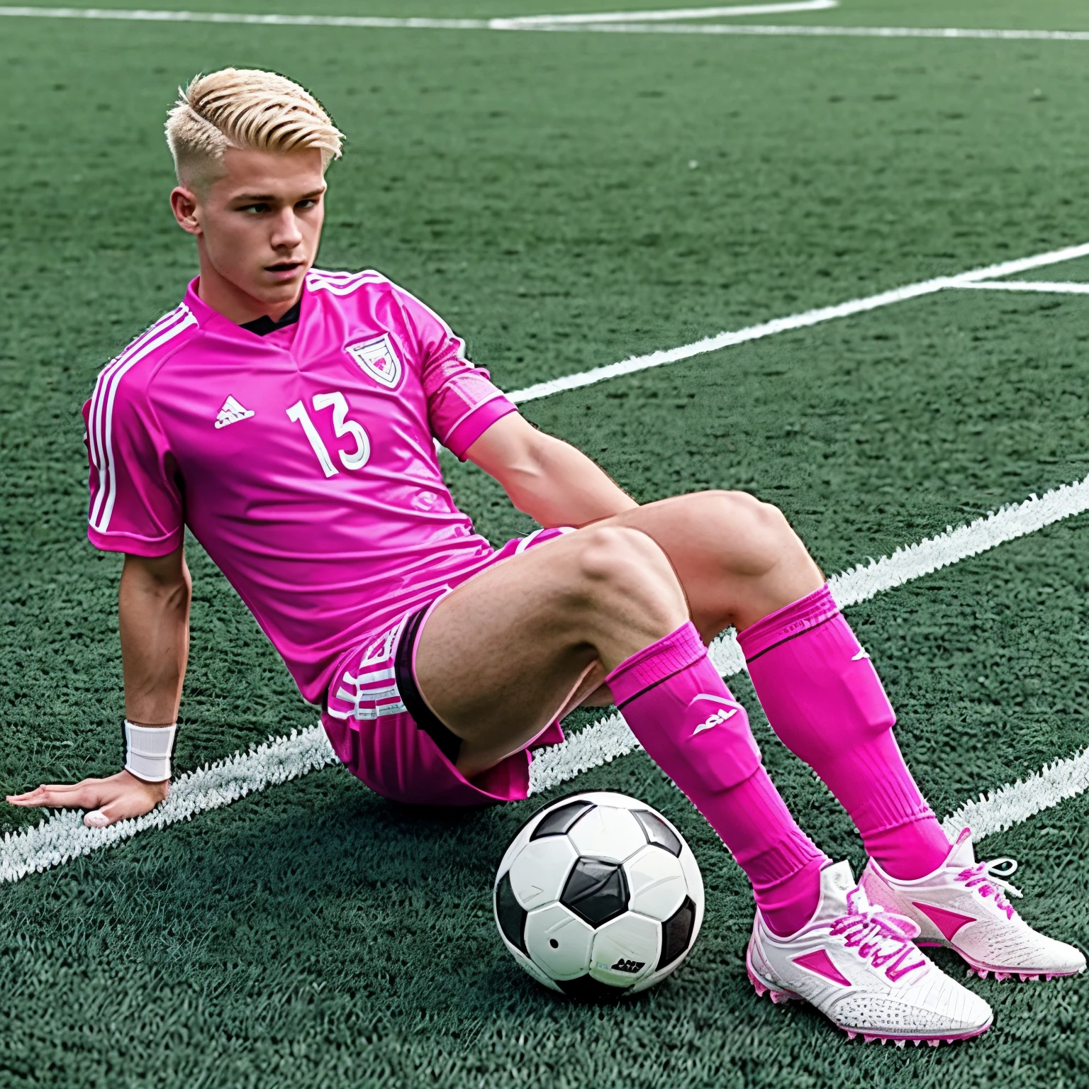 full view full body, one blond white soccerboy with clean undercut haircut, in pink soccer outfit, pink soccer socks, playing match on football field