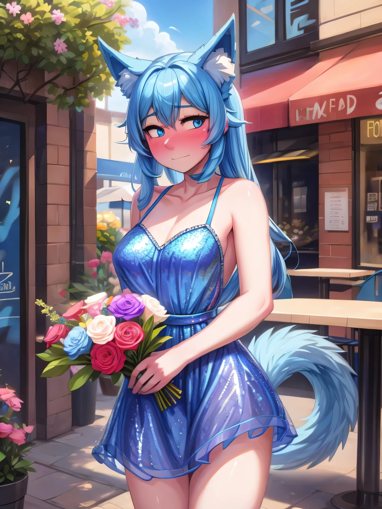 (Masterpiece) (High Detail) (High Res) A short slim humanoid girl with pale human skin and blue eyes and long blue hair and blue dog ears and a fluffy blue dog tail and medium breasts. She is stood outside a café and is wearing a sequin covered dress. She is holding a bouquet of colourful flowers. She is shy. she is blushing.