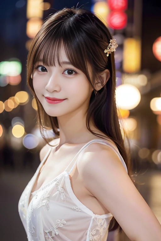 masterpiece、1 beautiful girl、Detailed eyes、Puffy eyes、highest quality, 超A high resolution, (Reality: 1.4), Cinema Lighting、Japanese、Asian Beauty、Super Beauty、Beautiful Skin、Slender、Body facing forward、(Surreal)、(High resolution)、(8k)、(Very detailed)、(Beautiful and detailed eyes)、(Ultra-detailed)、 (wallpaper)、Detailed face、Bright lighting、Professional Lighting、View your viewers、Night Scenery、Japanese Idol、Korean Idol、19 years old、The costume is a pure white see-through dress、Long Hair、Blonde: 3.5、Asymmetrical bangs 、A kind smile、I can see your chest、Raising his arms、Seductive pose、