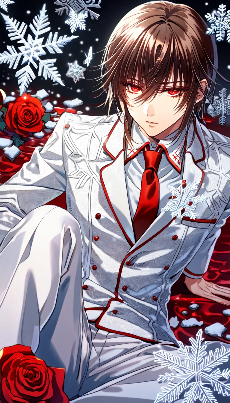 Ultra detailed, HDR, Highres, absurdres, master piece, Kaname Kuran, brown hair, expressive red eyes, Vampire Knight, ice butterflies, winter, ice, snowflakes, white flowers, sexy man, solo, extremely detailed face and eyes, handsome, glittering, toned chest, white shirt with patterns, white Vampire Knight uniform, red necktie, sitting, white pants, cross uniform, (Bloody Rose), silver,