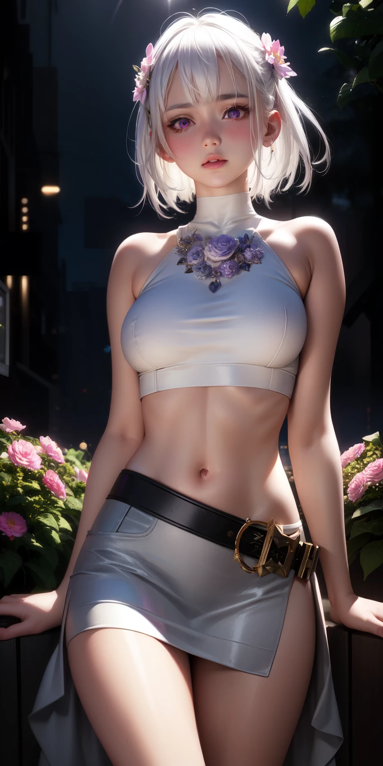 realistic, 1girl, white hair, purple eyes, glowing eyes, crop top, skirt, parted lips, blush, night, flowers, sun, sunlight,nude
