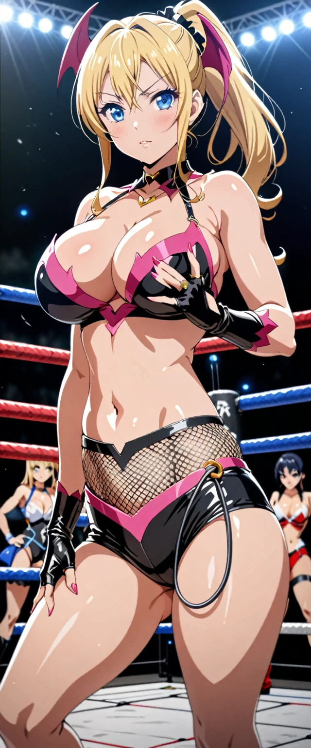 ((masterpiece)), ((high quality)), ((super detailed)), ((high resolution)) ,((8k)), a beautiful woman, ((She is one of the most famous female Gravure idol in the world.)), unparalleled beauty, ((huge breast)), ((large ass)), ((deep cleavage)), slim waist, chest out, ultra detailed face, perfect skin, (((Half-up hairstyle, Blonde Ponytail hair))), blue eyes, detailed eyes, whole body image, (((anime))), ((glamorous)), 24 years old, ((incredibly beautiful woman)), ((The H cup bust)), (((Succubus Outfit, Wrestler Costumes))), ((beautiful breasts)), beautiful legs, 8 life size, anime, the most beautiful and strongest, ((charm)), ((Half Japanese and half British)), ((Grown-up face)), ((Open Finger Gloves, Five fingers)), (((Women's mixed martial arts, A fighting arena surrounded by wire mesh))), ((Ring name: Milk Tank)), ((Gravure idol and martial artist)), ((A neat and beautiful woman)),