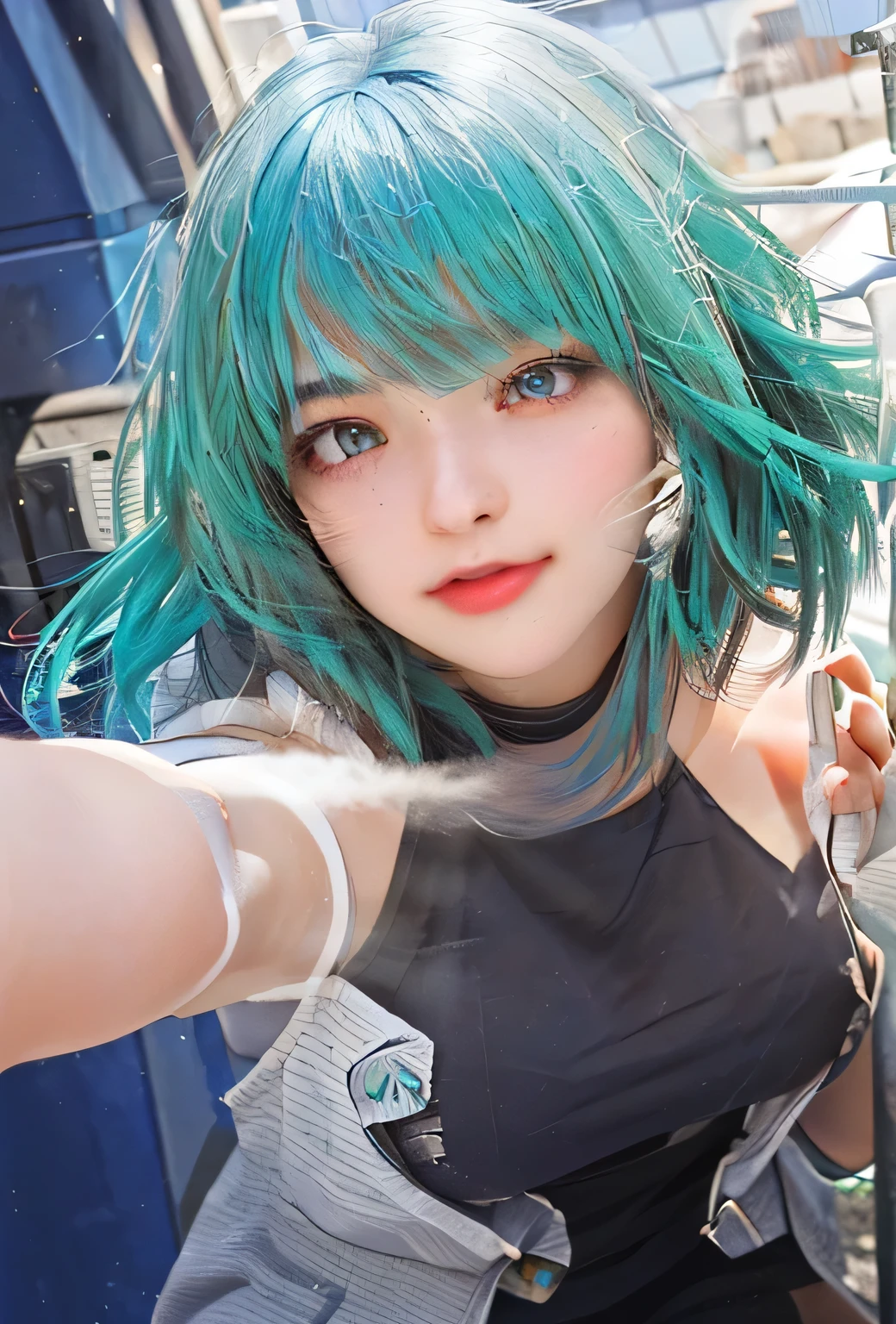 girl, 18 years old, she has short aqua hair with a habit ,game cg,cute, medium hair,aqua hair,perfect anatomy,vtuber,ahoge, messy hair,heart-shaped pupils, ,heterochromia, dynamic angle,,, dated,solo focus,medium breasts,masterpiece,loved,conforting, happy