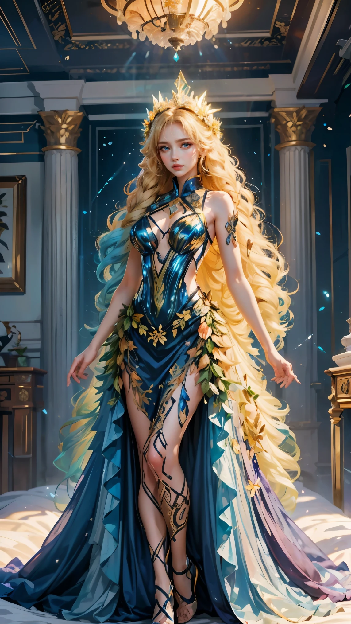 Best quality, masterpiece, ultra high res, raw photo, beautiful and aesthetic, deep shadow, fairy theme,(ultra detailed:1.3),
1girl, dynamic pose, flower headdress, drill hair, long hair, blonde hair, gradient hair, yellow eyes, solo, huge breasts, big hair, blue hair, divine goddess, looking at viewer, indoors, queen bedroom, empress bed, room full of curtain, astraea, full body, glowing bioluminescent dress