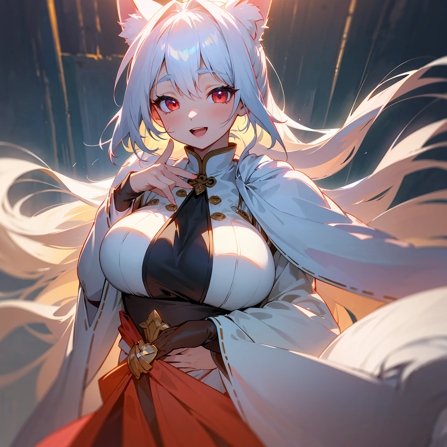 furry, female, arctic fox, night, glowing hairs, fluffy tails, breasts, tribal outfit, panties