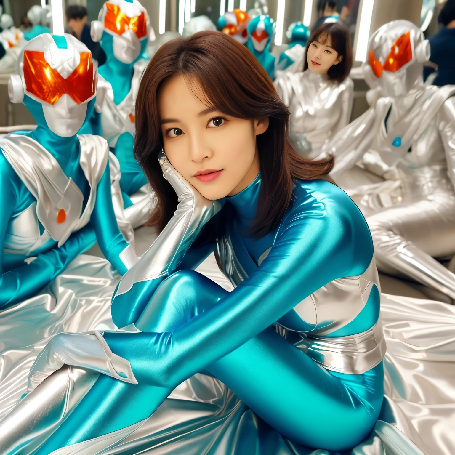 best image quality、Super high resolution、(realism:1.4)、Korean beauty star、The most beautiful KPOP star、horny face、Horny Korean makeup、erotic expression、A body that makes you want to touch it、erotic photos、((Realistic shiny satin fabric texture、High-gloss stretch satin fabric that is smooth and smooth to the touch.、The drape of the curved part of the shiny satin fabric、strong shiny costume、The smooth and beautiful quality and luster of the costumes、A shiny costume made of high-quality satin fabric with high density.、Smooth to the touch oil light liang ultra-class battleship skin coat COS、Super SentaiWomen&HeroineSuit、Texture of costumes that satin fetishists respond to、Thin, glossy stretch satin fabric)),8K photo quality