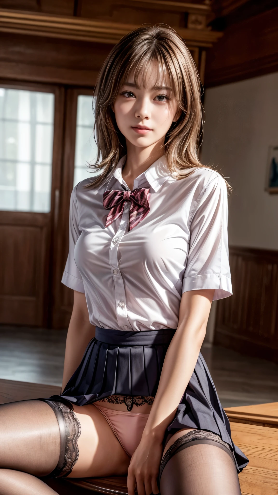 (Cowboy Shot)、alone、hairpin, blazer, Short wavy hair, Pink beige hair, Black bow tie, Sitting, desire,compelling glances,Hyperrealism, Original Creation, High quality 8K backgrounds, Intricately etched, Visually stunning, aesthetic wonder, Perfect excellence, The intense ambiguity, Calm colors、(Very long hair)、Beautiful woman,(school uniform)、Plain Shirt、Shirt with emblem on chest, Pleated skirt、(smile)、(((weak)))、((Delicate painting))，(Detailed RAW photos of girls), (highest quality:1.6), (Ultra-high resolution:1.5), (Realistic:1.75), 8K resolution, Canon EOS R5, 50mm, Absurd, Very detailed,Cinema Lighting,((Spread your legs))、((Panties are visible through the gap in the skirt))、((defenseless))、(sexy lace panties)、(Wearing pantyhose)、Browsing Caution:0.2、Bright classroom