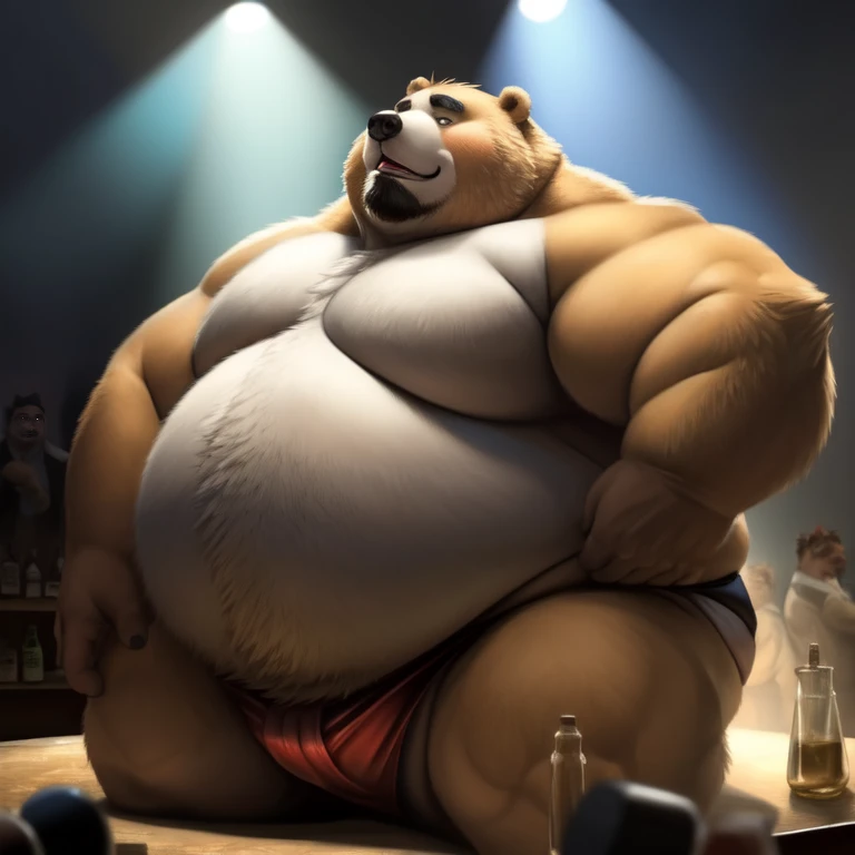 ((Masterpiece)),((Hight quality)),((Hught Detailed)),((Realistic,)) Anime Artistic masterpiece art, Concept anime art, Obese sumo Bears, He is a porn star who creates a weight gain potion, In a scene where you can see that the scientist drink and his body grow and gain weight and thanks to that he begins to dance for his clients in the club.