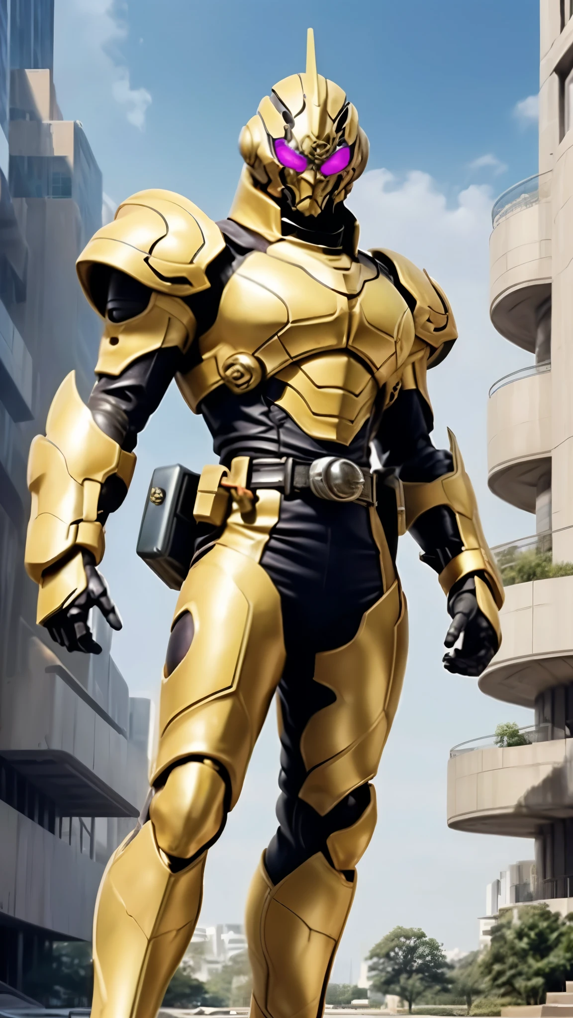 A man wearing a full-face helmet, a fantasy-style biotech armored combat suit, green eyes, (a composite layered chest armor), fully enclosed shoulder guards, matching arm and leg guards, the belt is adorned with cross, (the color scheme is primarily white with golden and blue accents), the design balances heavy with agility, a high-tech bio-mecha armor, (Armor Concept Inspired by Paladin, stand on the top of a skyscraper in a futuristic sci-fi city), this character embodies a finely crafted fantasy-surreal style armored hero in anime style, exquisite and mature manga art style, (battle damage, element, plasma, energy, the armor glows), ((male:1.5)), metallic, real texture material, dramatic, high definition, best quality, highres, ultra-detailed, ultra-fine painting, extremely delicate, professional, perfect body proportions, golden ratio, anatomically correct, symmetrical face, extremely detailed eyes and face, high quality eyes, creativity, RAW p