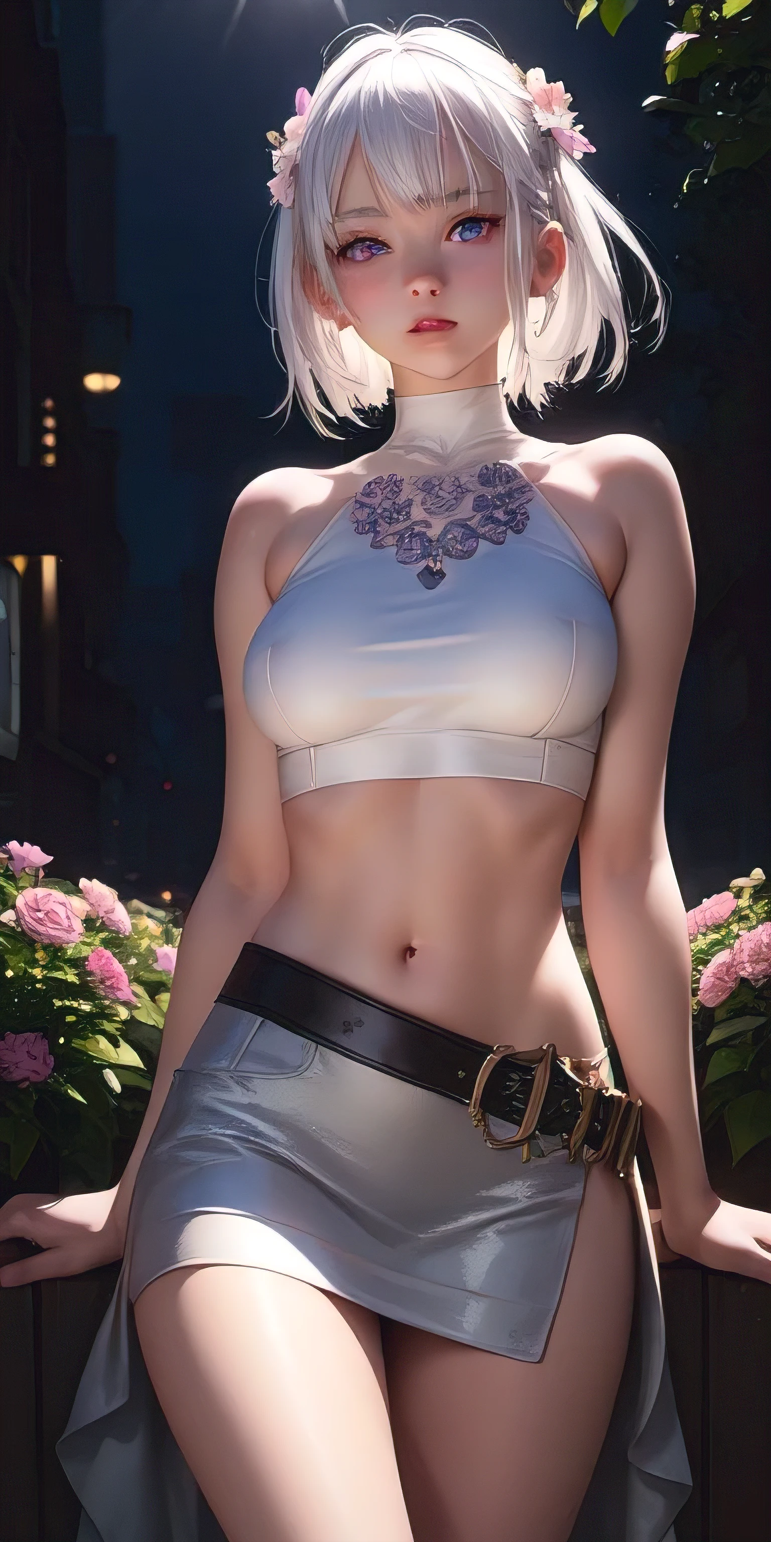 realistic, 1girl, white hair, purple eyes, glowing eyes, crop top, skirt, parted lips, blush, night, flowers, sun, sunlight,nude