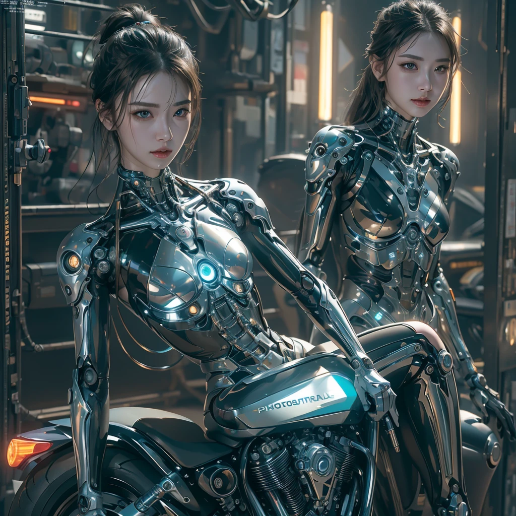 Superior quality, masterpiece, Ultra-high resolution, ((Photorealistic: 1.4), raw photo, cyberpunk girl, shiny skin, mechanical girl, (Ultra realistic details)), Mechanical vertebrae attached to the spine., Mechanical cervical fixation to the neck , Small Bright LED Lamps, Global Illumination, Deep Shadows, Octane Rendering, 8K, Ultra Sharp, Metal, Intricate Ornament Details, Half-Averted Legs, Levitating Rimless Motorcycle.