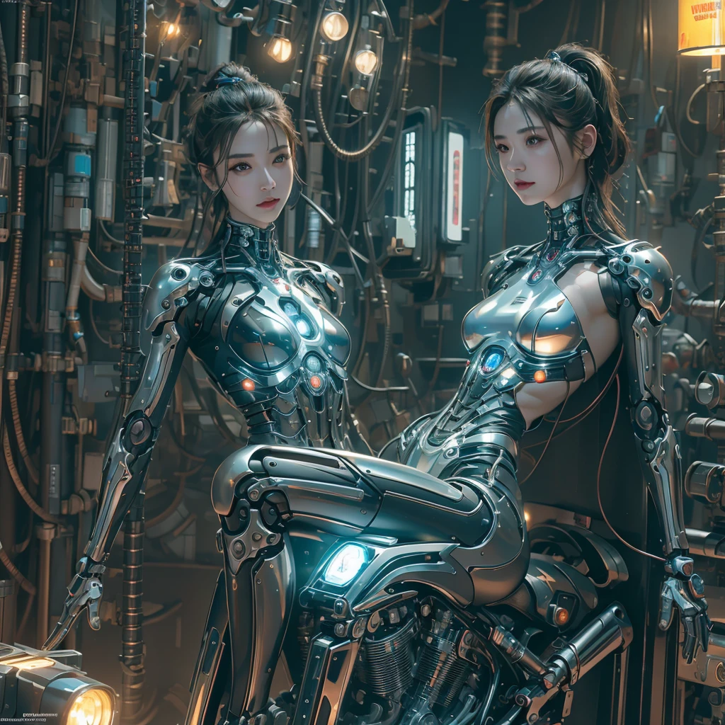 Top quality, masterpiece, Ultra-high resolution, ((Photorealistic: 1.4), raw photo, cyberpunk girl, shiny skin, mechanical girl, (Ultra realistic details)), Mechanical vertebrae attached to the spine, mechanical cervical fixation to the neck, small bright LED lamps, Global Illumination, deep shadows, octane rendering, 8K, ultra sharp, Metal, Intricate ornament details, Baroque details, Very intricate details, realistic light, Trend CGSoation, facing the camera, neon details, (In the Hot Summer Forest). high resolution, hyperrealism, VRAY,