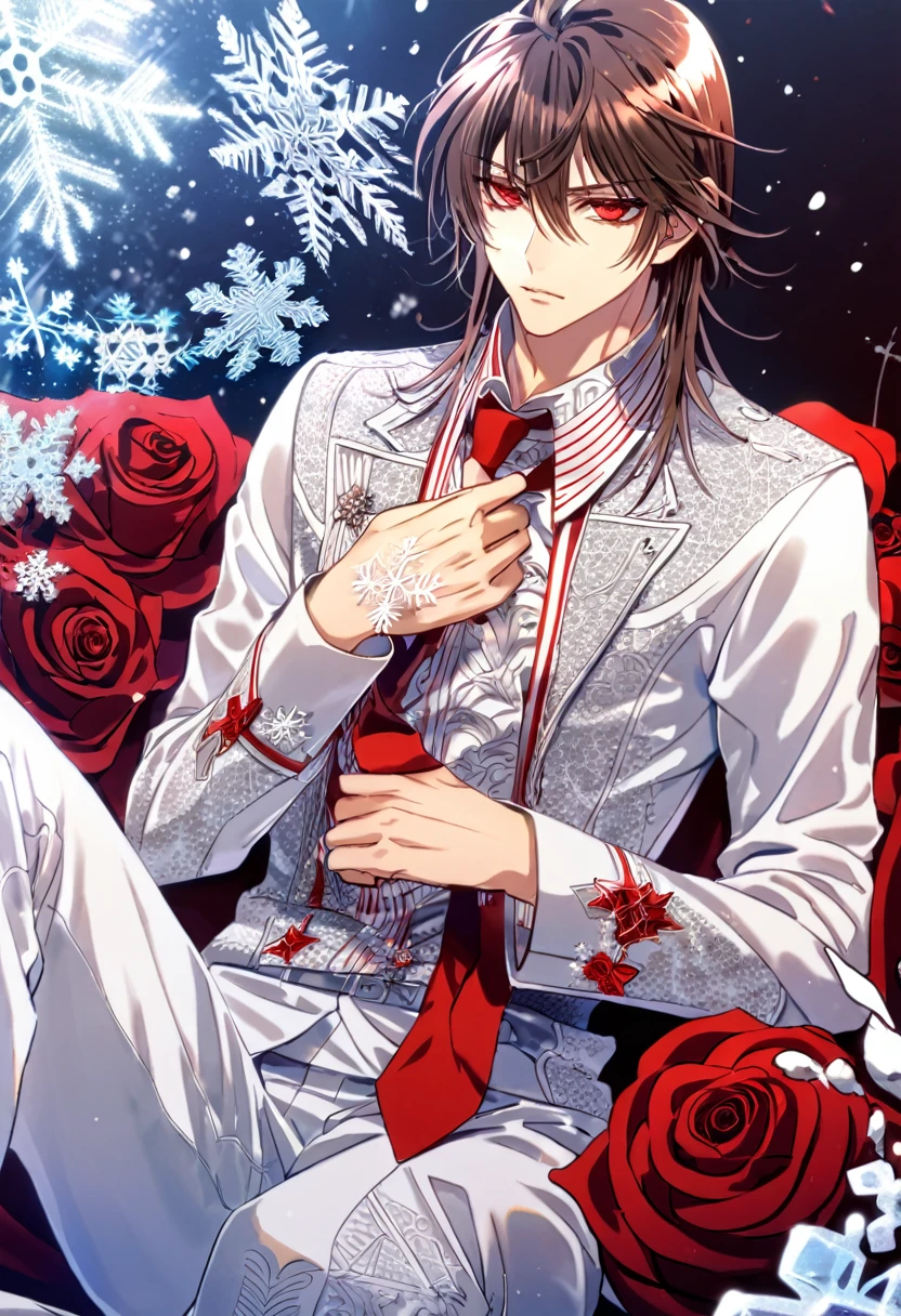 Ultra detailed, HDR, Highres, absurdres, master piece, Kaname Kuran, brown hair, expressive red eyes, Vampire Knight, ice butterflies, winter, ice, snowflakes, white flowers, sexy man, solo, extremely detailed face and eyes, handsome, glittering, toned chest, white shirt with patterns, white Vampire Knight uniform, red necktie, sitting, white pants, cross uniform, (Bloody Rose), silver,