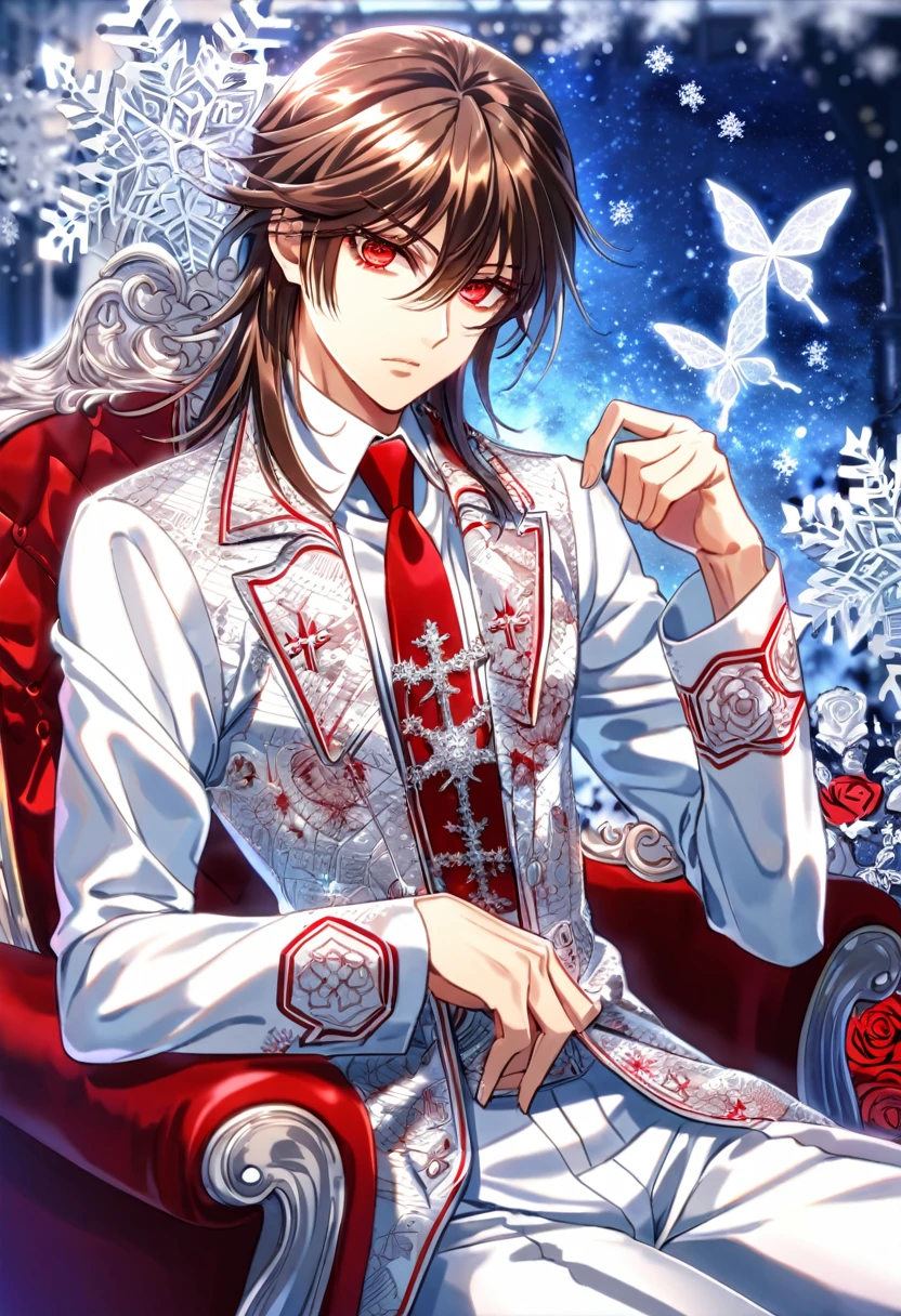 Ultra detailed, HDR, Highres, absurdres, master piece, Kaname Kuran, brown hair, expressive red eyes, Vampire Knight, ice butterflies, winter, ice, snowflakes, white flowers, sexy man, solo, extremely detailed face and eyes, handsome, glittering, toned chest, white shirt with patterns, white Vampire Knight uniform, red necktie, sitting, white pants, cross uniform, (Bloody Rose), silver,