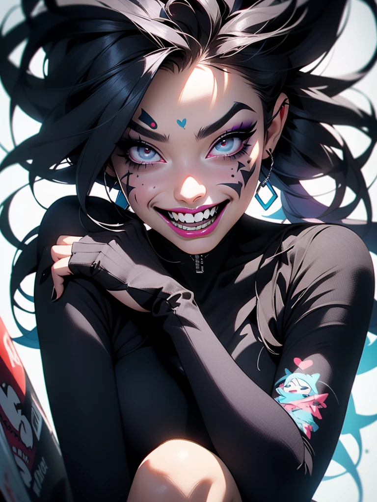 a woman sitting in front of a graffiti covered wall, icon for an ai app, portrait of cute goth girl, instagram digital, evil grin, animated still, zoom out, evil crazy laugh, hydropunk, detailed color scan, dark make up, characters merged, identical picture, jinx, .ai, tiktok video, tease