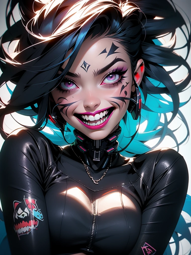 a woman sitting in front of a graffiti covered wall, icon for an ai app, portrait of cute goth girl, instagram digital, evil grin, animated still, zoom out, evil crazy laugh, hydropunk, detailed color scan, dark make up, characters merged, identical picture, jinx, .ai, tiktok video, tease