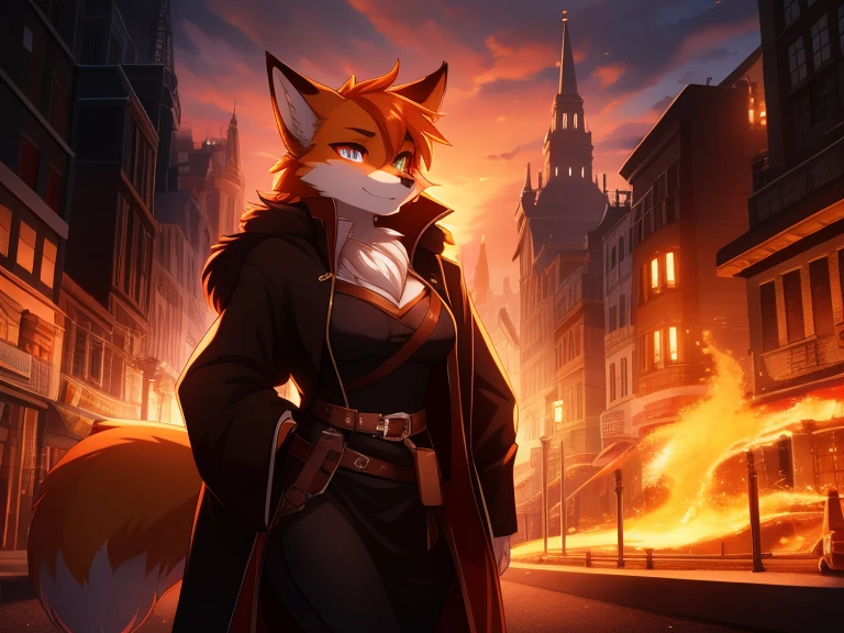 Fox, anthro, female, fur coat, (best quality), (detailed fire urban background:1.2), dramatic lighting, (detailed fluffy fur:1.1), (fantasy:1.2)