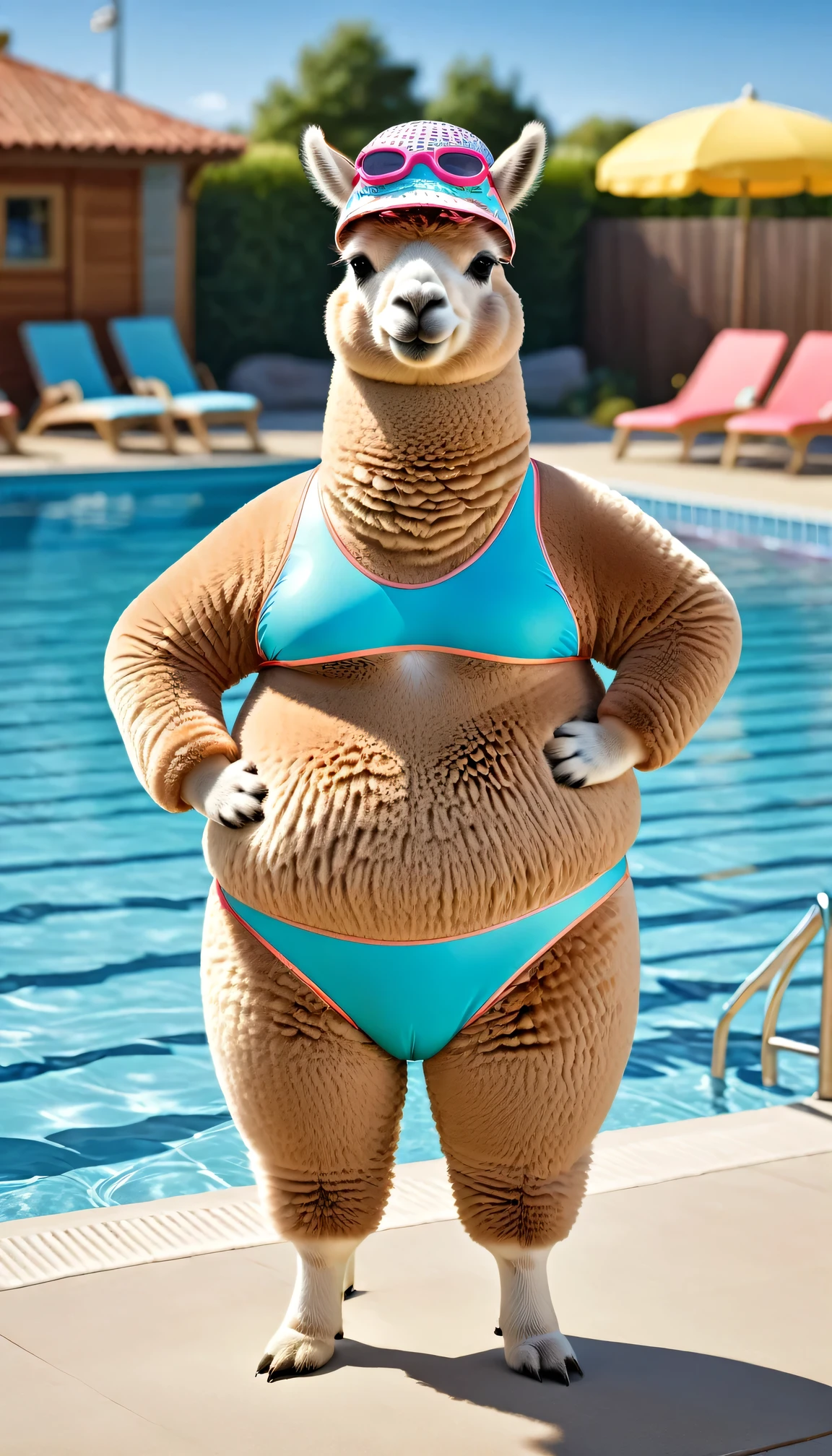 photorealistic portrait of Dressed animals - a ((fat)) alpaca swimmer,(hands on hips:1.5),(happy smile),(furry), high quality,(lovely) ,intricate details, highly detailed (Competitive swimsuit), swimming cap and goggles, pool background, (happy), perfect lighting,(full body image:2.0)