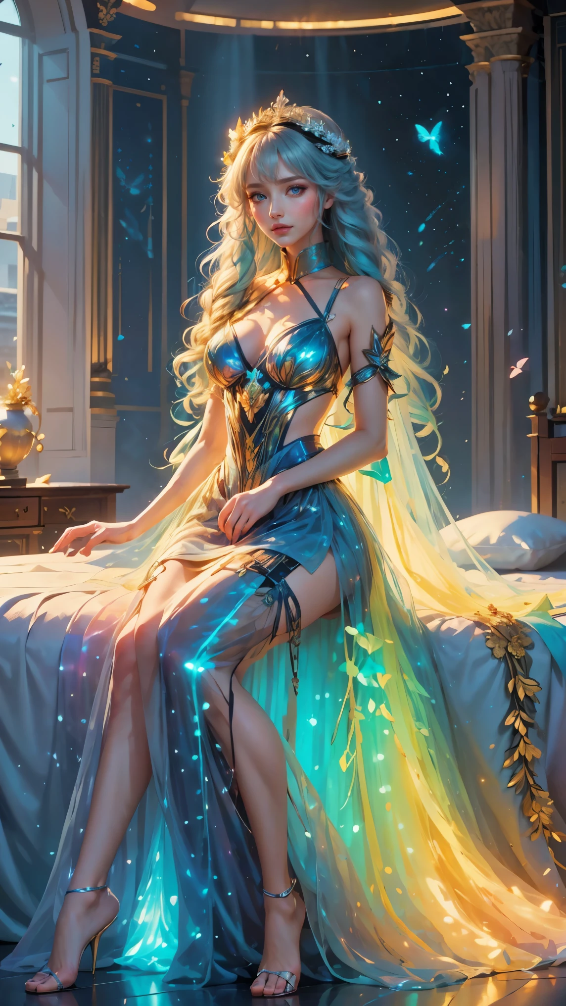 Best quality, masterpiece, ultra high res, raw photo, beautiful and aesthetic, deep shadow, fairy theme,(ultra detailed:1.3),
1girl, sitting pose, flower headdress, drill hair, long hair, blonde hair, gradient hair, yellow eyes, solo, huge breasts, big hair, blue hair, divine goddess, looking at viewer, indoors, queen bedroom, empress bed, room full of curtain, astraea, full body, midnight, glowing light, neon light, bioluminescent dress, transparant dress