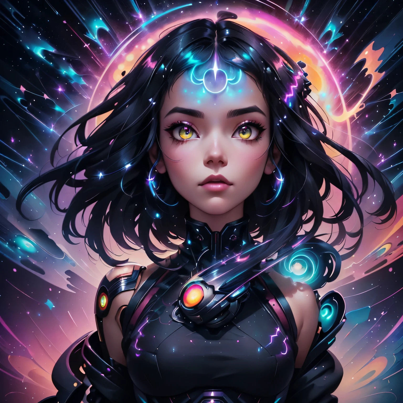 a woman with a black hair and a black top is standing in front of a galaxy, beeple and jeremiah ketner, artgerm julie bell beeple, neoartcore and charlie bowater, jen bartel, greg beeple, stunning digital illustration, alice x. zhang, artgerm jsc, rossdraws cartoon vibrant