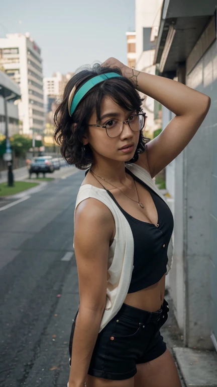 1 Malay girl, best quality, masterpiece, high resolution, [purple|sliver|green] short curl hair, wearing cardigan, sleeveless shirt, black extreme hot pants, hair accessory, necklace, jewelry, beautiful face, glasses, looking forward, full body view, realistic, outdoor, modern square, two-tone lighting, (high detail skin: 1.2), 8k UHD, dslr, soft light, high quality, volumetric light, candid, photo, high resolution, 4k, 8k, background blur
