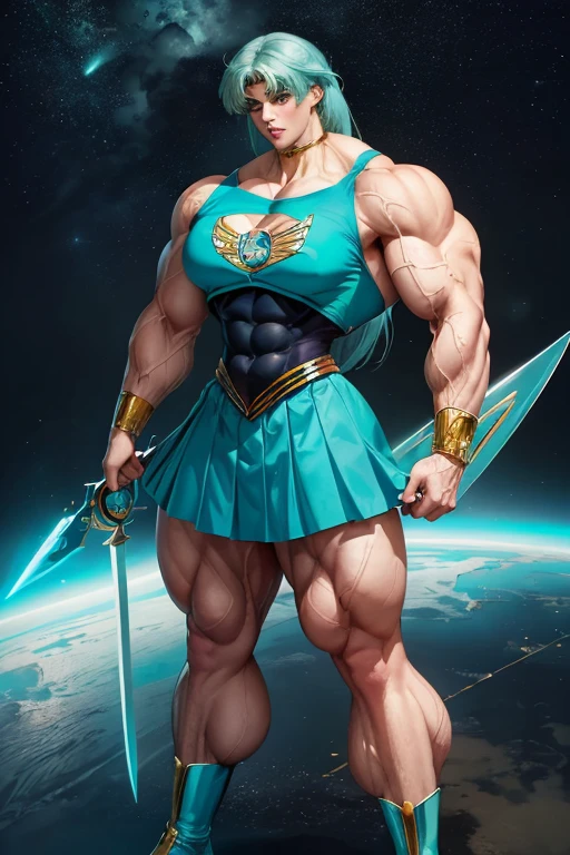 ((((Massive, tall, beautiful, buff, pale light skinned muscular woman with cyan hair, ginormous bulky muscles and wearing a cyan sailor moon costume and skirt)))), (close view), massive muscles, massive biceps, hyper muscle triceps, pale skin, medium length cyan hair, purple eyes, black lipstick, cyan tiara, purple boots, holding a rapier sword, cyan fire, in space, green aura, Big Bang, night time, smirk, hyper muscles arms, hyper muscle legs, ((massive arms)).