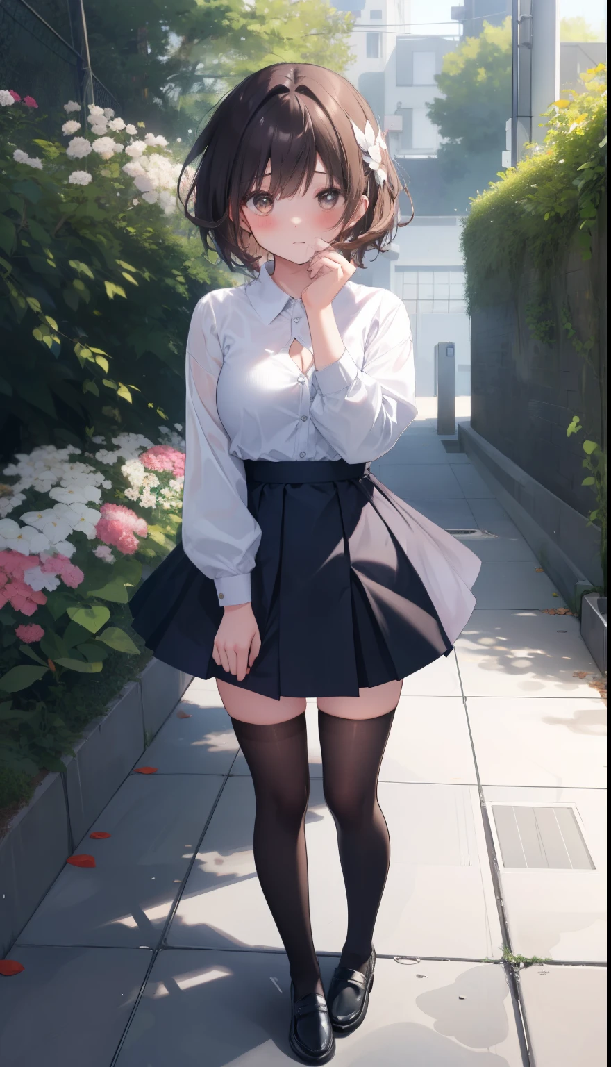 One Girl、Positive、From above、Full body portrait、Brown haired、Medium Haircut、blush、Absolute area、Knee socks、stockings、Black knee-high socks、White underwear、Cleavage、Light blue cut shirt、Unbutton your shirt、Shirt buttons fly off、Navy blue checkered pleated skirt、Very short skirt、garden、Daytime、(Very big boobs)、((Full Body Lesbian))、masterpiece、(highest quality)、Panties around the ankles、loafers、The wind blows up my skirt、vibrator in thighhighs