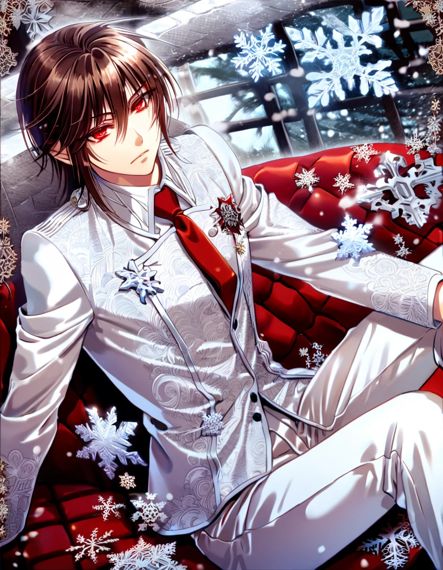 Ultra detailed, HDR, Highres, absurdres, master piece, Kaname Kuran, brown hair, expressive red eyes, Vampire Knight, ice butterflies, winter, ice, snowflakes, white flowers, sexy man, solo, extremely detailed face and eyes, handsome, glittering, toned chest, white shirt with patterns, white Vampire Knight uniform, red necktie, sitting, white pants, cross uniform, silver,