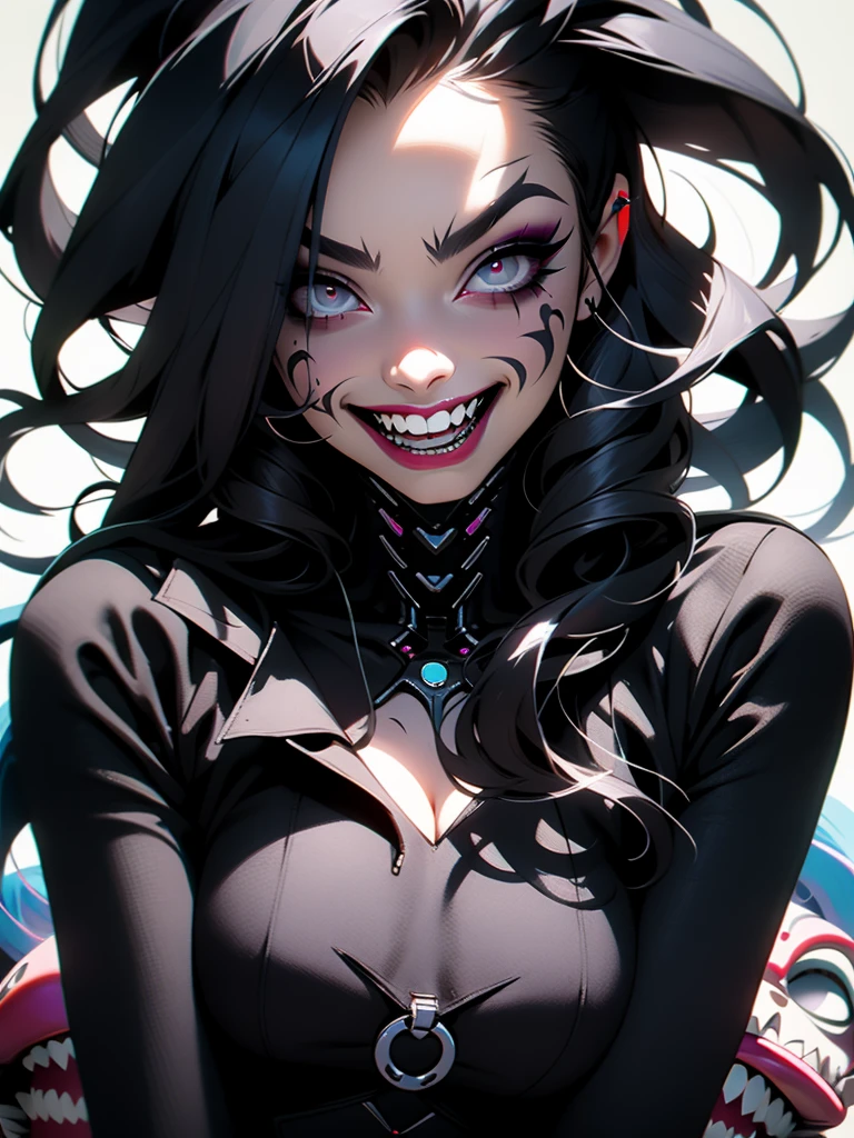 a woman sitting vampire  in front of a graffiti covered wall, icon for an ai app, portrait of cute goth girl, instagram digital, evil grin, animated still, zoom out, evil crazy laugh, hydropunk, detailed color scan, dark make up, characters merged, identical picture, jinx, .ai, tiktok video, tease