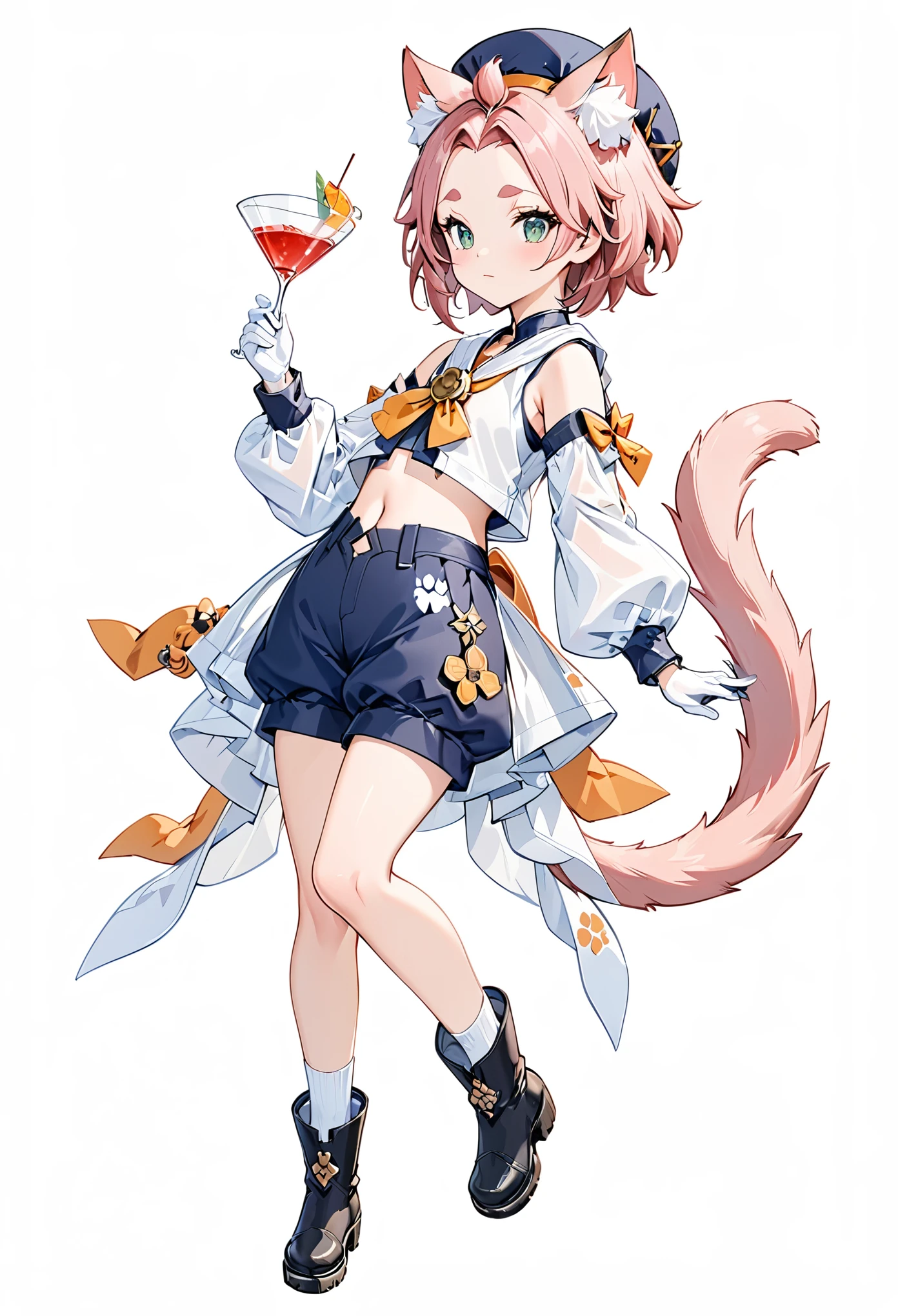 absurdres, highres, ultra detailed,masterpiece,1girl, solo, animal ears, diona (genshin impact), tail, cat ears, pink hair, animal ear fluff, hat, cat tail, short hair, white background, shorts, cup, simple background, cat girl, gloves, full body, green eyes, detached sleeves, white gloves, holding, drinking glass, boots, bangs pinned back, navel, puffy shorts, long sleeves, thick eyebrows, paw print, blush, puffy sleeves, cocktail glass, closed mouth, black shorts, black footwear 