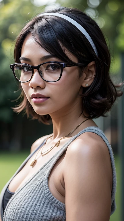 1 Malay girl, best quality, masterpiece, high resolution, [purple|sliver|green] short curl hair, wearing cardigan, sleeveless shirt, black extreme hot pants, hair accessory, necklace, jewelry, beautiful face, glasses, looking forward, full body view, realistic, outdoor, modern square, two-tone lighting, (high detail skin: 1.2), 8k UHD, dslr, soft light, high quality, volumetric light, candid, photo, high resolution, 4k, 8k, background blur