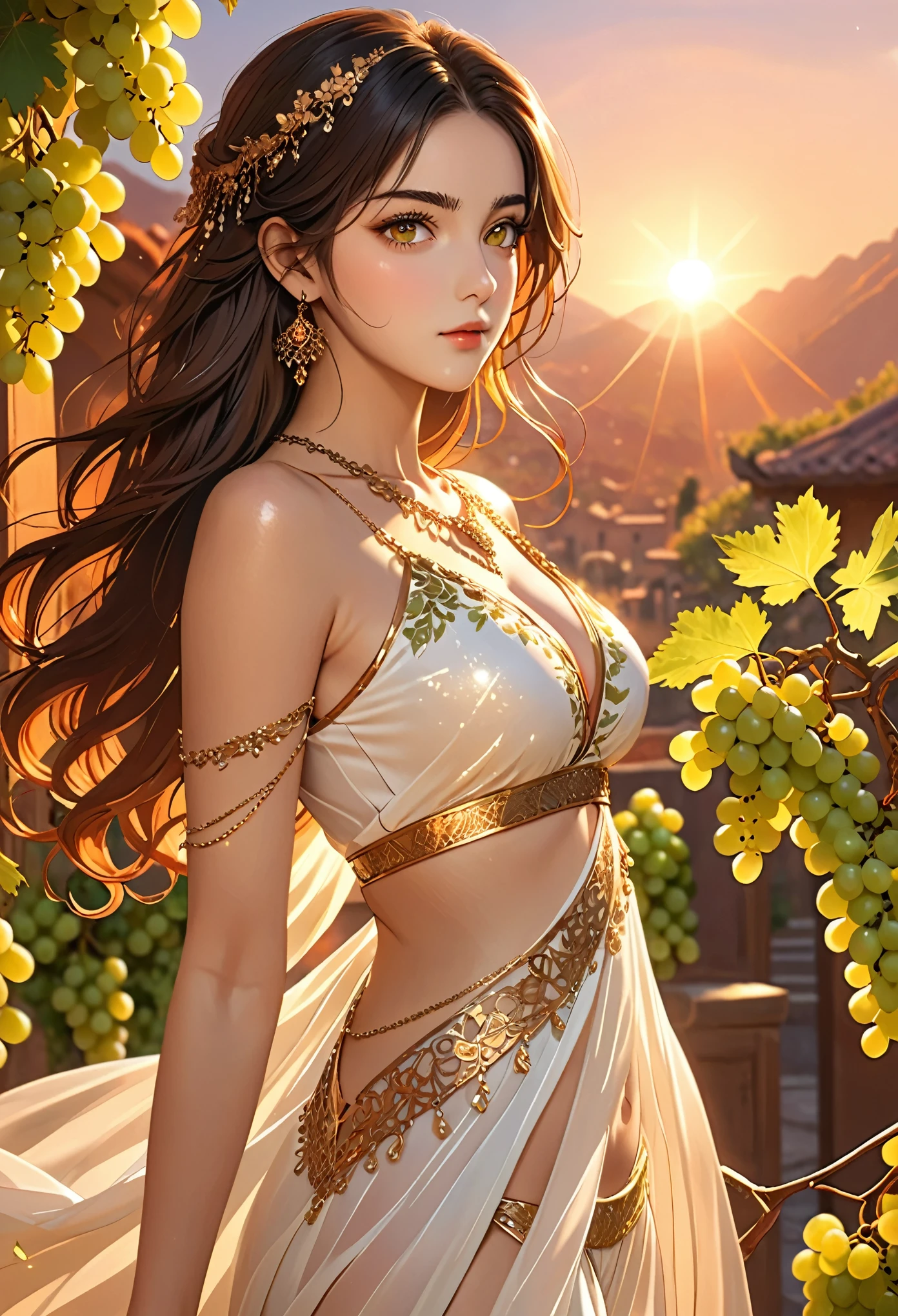 {{{masterpiece}}}, {Extremely detailed CG unity 8k wallpaper}, Astonishing, Fine details, Solitary, {{Flowing hair}}, {{Grapevine with green grapes}}, afternoon, Orange red sky, {{Warm light}}, Detailed background, Persian beauty, Beautiful and delicate eyes, transparent:Persian style dress:0.4, Gold body chain, Navel,cleveage, Smart pupils, {{whole body}}, Dynamic poses, Dynamic Angle, cleveage, looking at the audience, Detailed clothes, movie lighting, close up, best quality