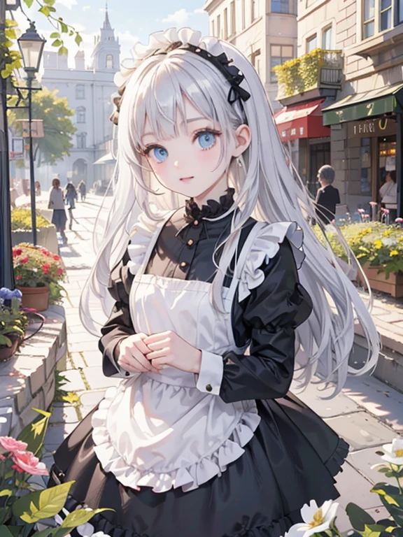 (8k, highest quality, Tabletop:1.2)、Ultra-high resolution, Detailed face, Perfect Fingers, 14-year-old girl, blue eyes, Silver Hair, Long Hair, Black maid outfit, Dreamscape, In the city, garden, flower bed, Pruning in progress