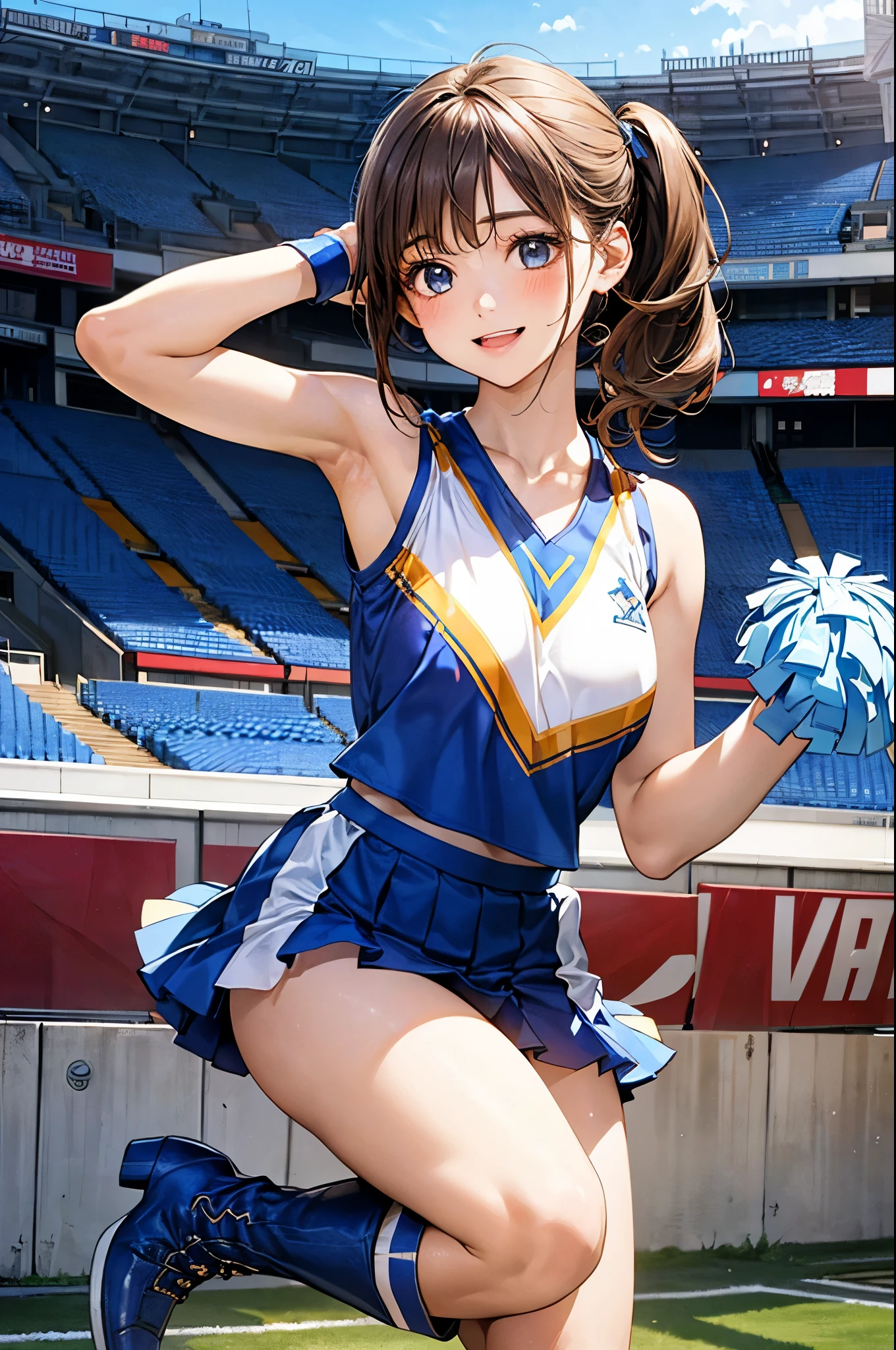 Armpit Show,(masterpiece:1.2, highest quality), (Realistic, photoRealistic:1.4), Beautiful illustrations, (Natural Side Lighting, Cinema Lighting), Depth of written boundary, Backlight, 
View Viewer, 1 girl, Japanese, high school girl, 17 years old, Perfect Face, Cute and symmetrical face, Shiny skin, 
(Mid-length hair, Side Ponytail, Light brown hair), Asymmetrical bangs, blue eyes, Long Eyelashes, (Medium chest), Cute round face, Beautiful Makeup, 
Beautiful Hair, Beautiful Face, Beautiful fine details, Beautiful clavicle, Beautiful body, Beautiful breasts, Beautiful thighs, Beautiful feet, Beautiful fingers, 
((Sleeveless light blue cheerleader:1.2), boots), 
(Beautiful views), evening, (Stadium Background:1.2), very cute, Raise your arms, Underarm, (Cute smile, Open your mouth), 
