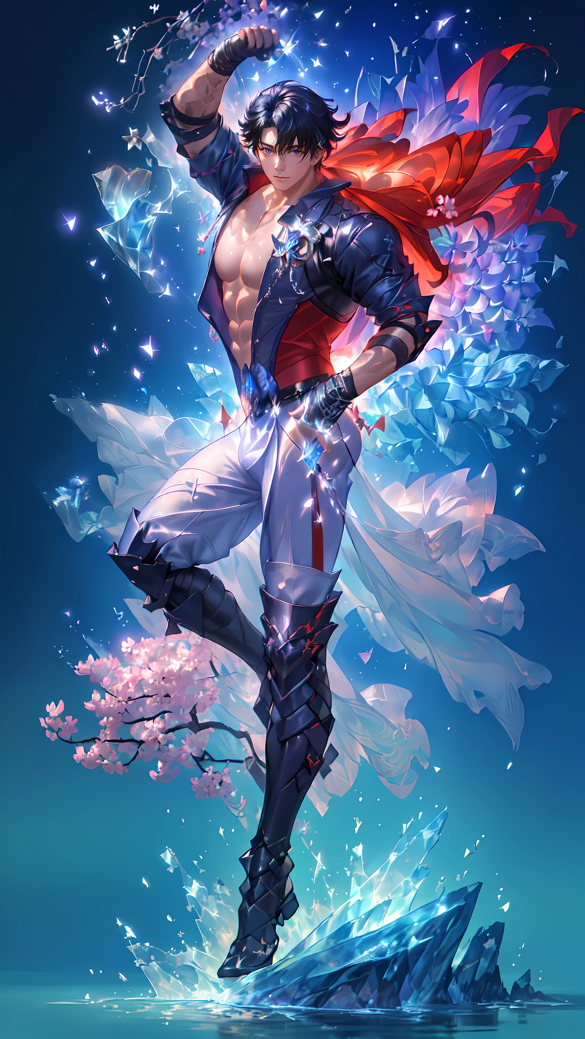 ((((((1man,solo,male)))))) (((FRONT POSE))) ((((MUSCULAR)))) ((FULL BODY FLOATING)) (((WEAR BOXING COSTUME)))) ((RED THEME COLOR)) (((SEXY OUTFIT))) | WRIOTHESLEY BLACK SHORT HAIR, RED BOXING COSTUME FROM HONKAI STAR RAILS, ((GENSHIN STYLE COSTUME)) STANDING IN THE ((FLOWER GARDEN)) IN THE MORNING SUNRISE (((SAKURA FLOWER FAILING)) IN THE SKY BACKGROUND IS BLUE SKY AZURE HORIZON | big CHEST, FULL BODY, large ASS, open legs, show BULGE, smile, portrait knights of zodiac, extremely detailed ((pixiv arts)), high detailed official artwork, [ tarot card ]!!!!!, detailed key anime art, knights of zodiac anime, beautiful celestial mage, firefly from honkai star rails, full body | (dynamic angle:1.1), outline, ((thick lineart)), cover, stylish, official art, (details:1.2), (fantasy), garden, (bloom:1.1), glow:0.2, shadow, nature, flower, splash water, crystal, snowflakes, particles, bokeh, anamorphic light (depth of field), sharp focus, (volumetric lighting), (bokeh:0.6), film grain:0.4, (soft lighting:1.1) | high-quality, ultra-detailed illustrations, ultra-high resolution, (high resolution,overwhelmingly pixel-perfect,luxurious illustration), (Ultra Quality, Masterpiece, Ethereal:1.4) photorealistic:.1.4, UHD (8k, RAW photo, best quality, masterpiece:1.2)