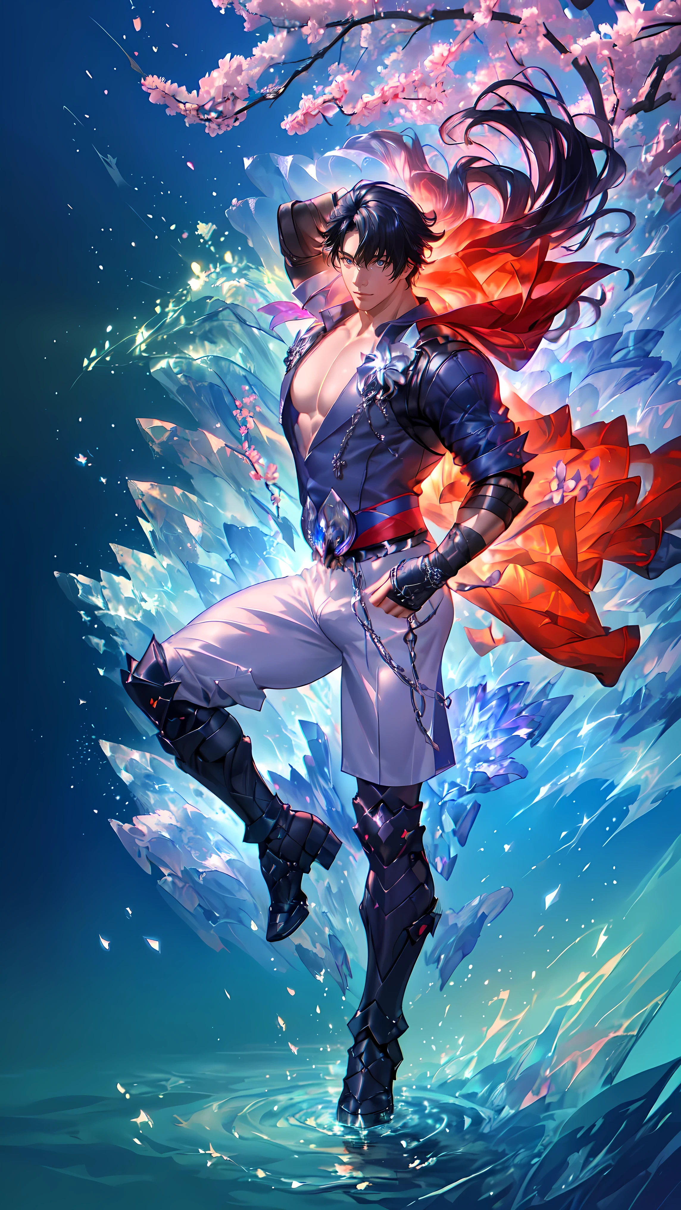 ((((((1man,solo,male)))))) (((FRONT POSE))) ((((MUSCULAR)))) ((FULL BODY FLOATING)) (((WEAR BOXING COSTUME)))) ((RED THEME COLOR)) (((SEXY OUTFIT))) | WRIOTHESLEY BLACK SHORT HAIR, RED BOXING COSTUME FROM HONKAI STAR RAILS, ((GENSHIN STYLE COSTUME)) STANDING IN THE ((FLOWER GARDEN)) IN THE MORNING SUNRISE (((SAKURA FLOWER FAILING)) IN THE SKY BACKGROUND IS BLUE SKY AZURE HORIZON | big CHEST, FULL BODY, large ASS, open legs, show BULGE, smile, portrait knights of zodiac, extremely detailed ((pixiv arts)), high detailed official artwork, [ tarot card ]!!!!!, detailed key anime art, knights of zodiac anime, beautiful celestial mage, firefly from honkai star rails, full body | (dynamic angle:1.1), outline, ((thick lineart)), cover, stylish, official art, (details:1.2), (fantasy), garden, (bloom:1.1), glow:0.2, shadow, nature, flower, splash water, crystal, snowflakes, particles, bokeh, anamorphic light (depth of field), sharp focus, (volumetric lighting), (bokeh:0.6), film grain:0.4, (soft lighting:1.1) | high-quality, ultra-detailed illustrations, ultra-high resolution, (high resolution,overwhelmingly pixel-perfect,luxurious illustration), (Ultra Quality, Masterpiece, Ethereal:1.4) photorealistic:.1.4, UHD (8k, RAW photo, best quality, masterpiece:1.2)