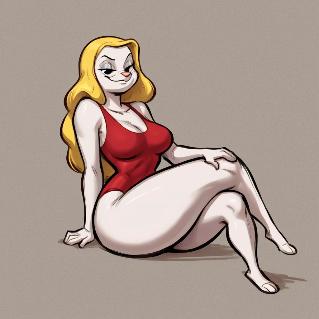 Minvera mink from Animaniacs, wearing black swimming shorts, yellow girl hair, red one piece swimsuit, sitting down with crossed legs, has thick thighs, smug expression, high quality, crisp, 1girl,