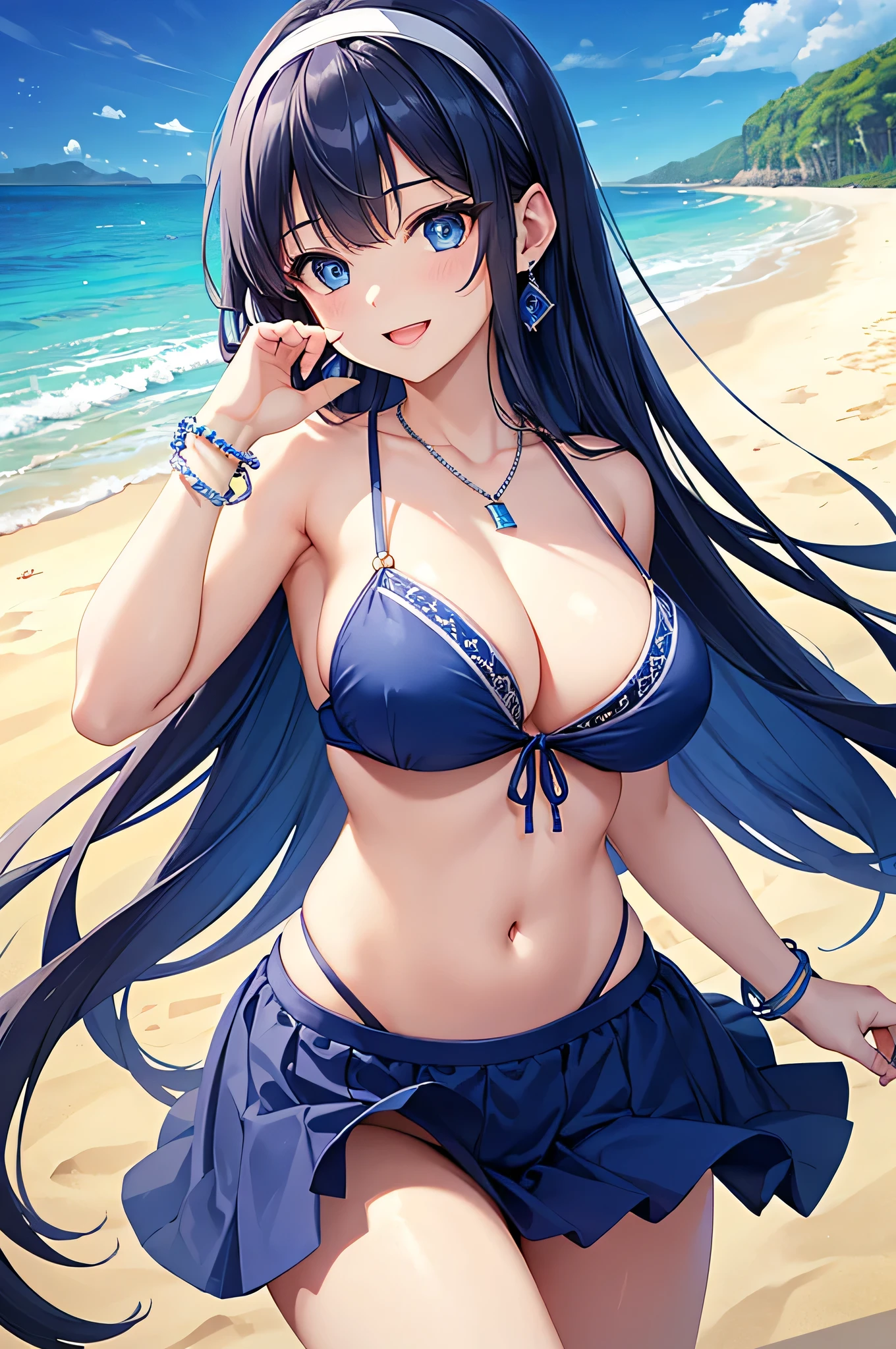 highest quality、Best image quality、masterpiece、beautiful girl、Navy blue long hair、blue eyes、Navy Blue Bikini、Big cleavage、(Big Breasts)、smile、blue necklace、Blue Earrings、background(Beach)、Sexy pose、Please open your mouth wide、White headband、Dynamic Angle、bracelet