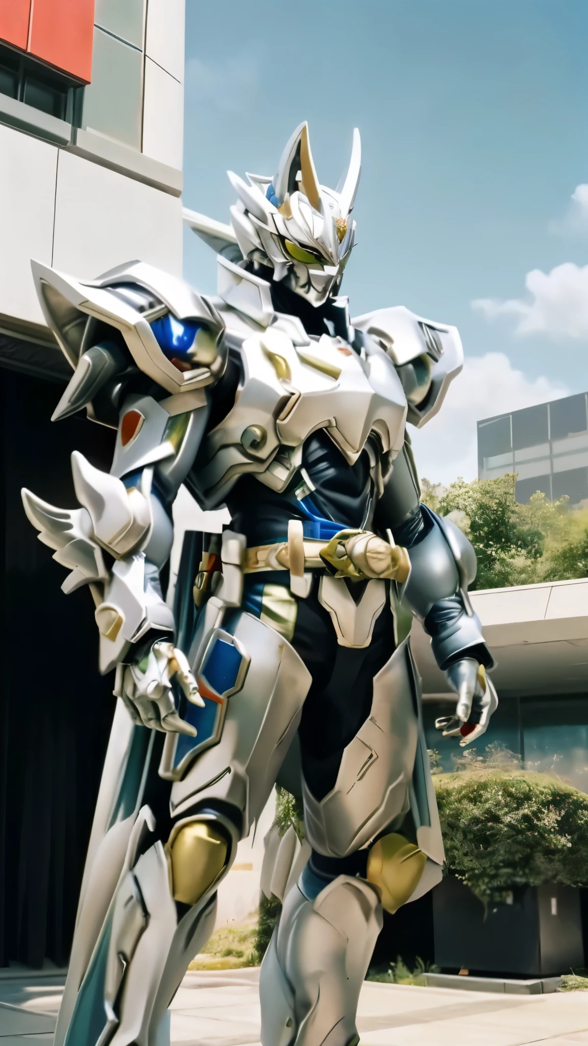 A man wearing a full-face helmet, a fantasy-style biotech armored combat suit, green eyes, (a composite layered chest armor), fully enclosed shoulder guards, matching arm and leg guards, the belt is adorned with cross, (the color scheme is primarily white with golden and blue accents), the design balances heavy with agility, a high-tech bio-mecha armor, (Armor Concept Inspired by Paladin, stand on the top of a skyscraper in a futuristic sci-fi city), this character embodies a finely crafted fantasy-surreal style armored hero in anime style, exquisite and mature manga art style, (battle damage, element, plasma, energy, the armor glows), ((male:1.5)), metallic, real texture material, dramatic, high definition, best quality, highres, ultra-detailed, ultra-fine painting, extremely delicate, professional, perfect body proportions, golden ratio, anatomically correct, symmetrical face, extremely detailed eyes and face, high quality eyes, creativity, RAW p