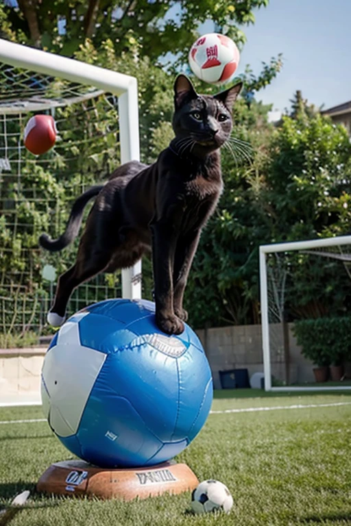 muscular cat bouncing a football ball